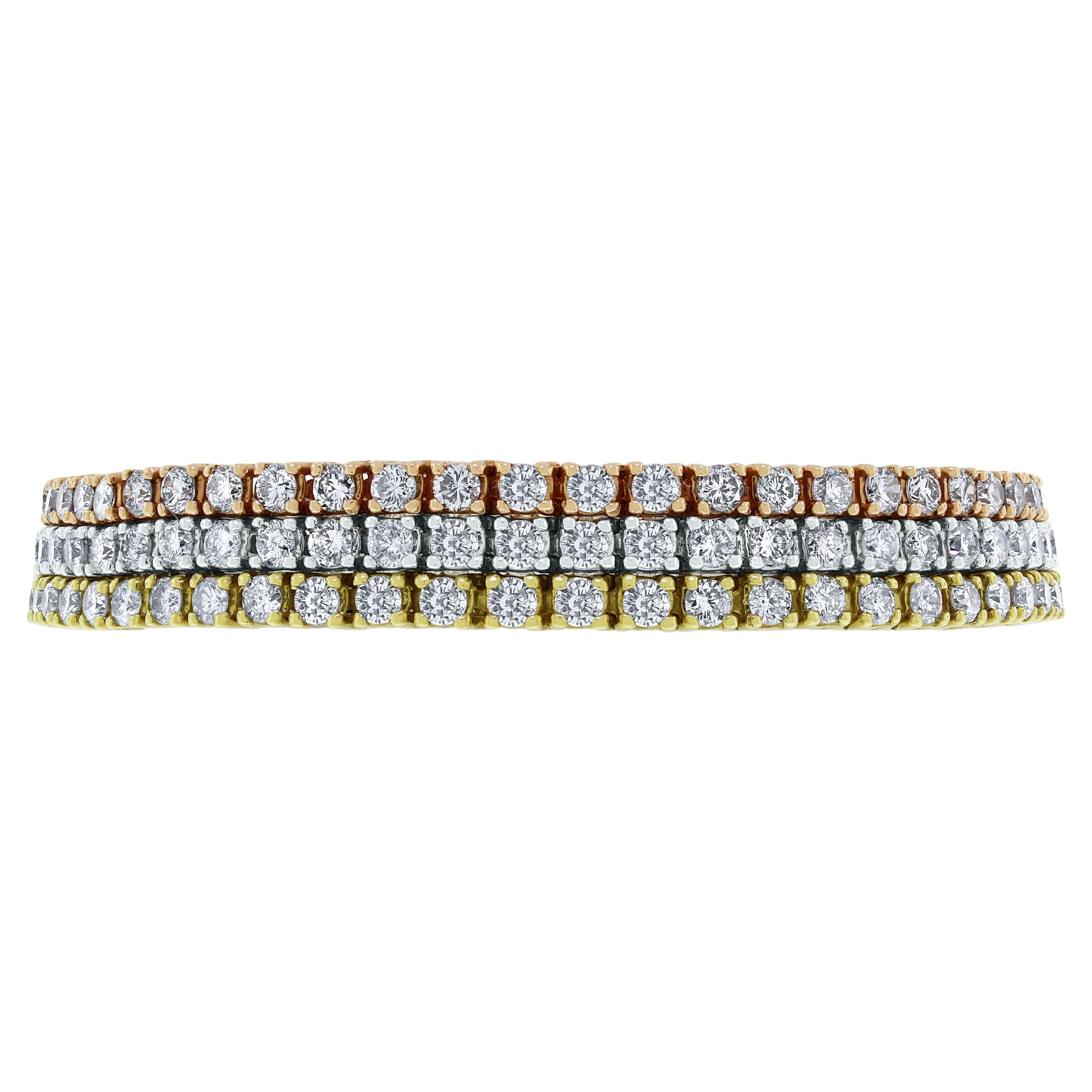 Round Cut Beauvince Diamond Tennis Trinity Bracelet (10.53 ct Diamonds) in Gold For Sale