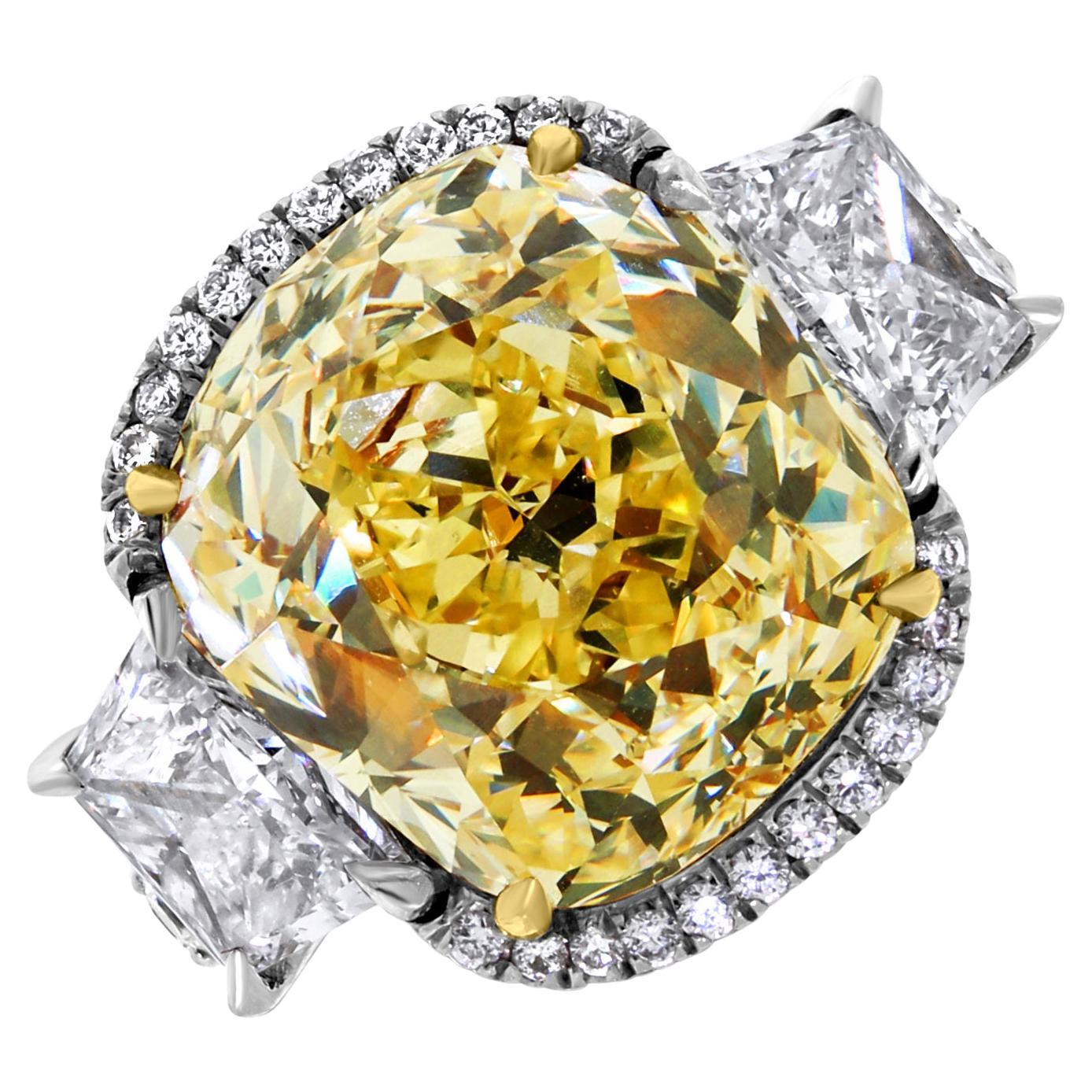 Beauvince Elan Ring 9.77 carat Cushion Fancy Yellow VS1 GIA Diamond in Platinum For Sale