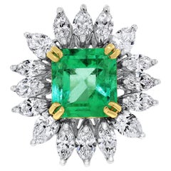 Beauvince Emerald and Diamond Halo Cocktail Statement Ring in White Gold