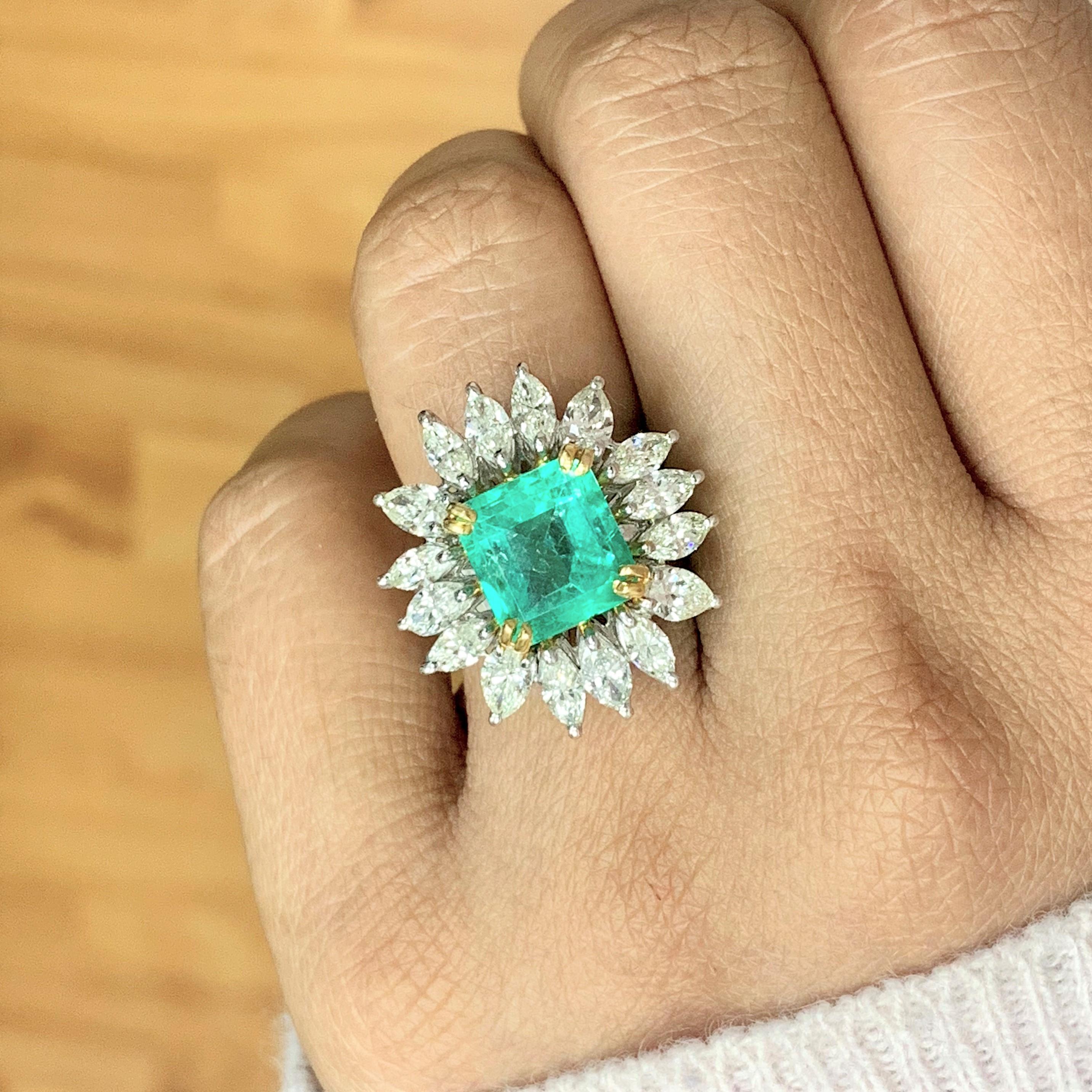 Square Cut Beauvince Emerald and Diamond Halo Cocktail Statement Ring in White Gold