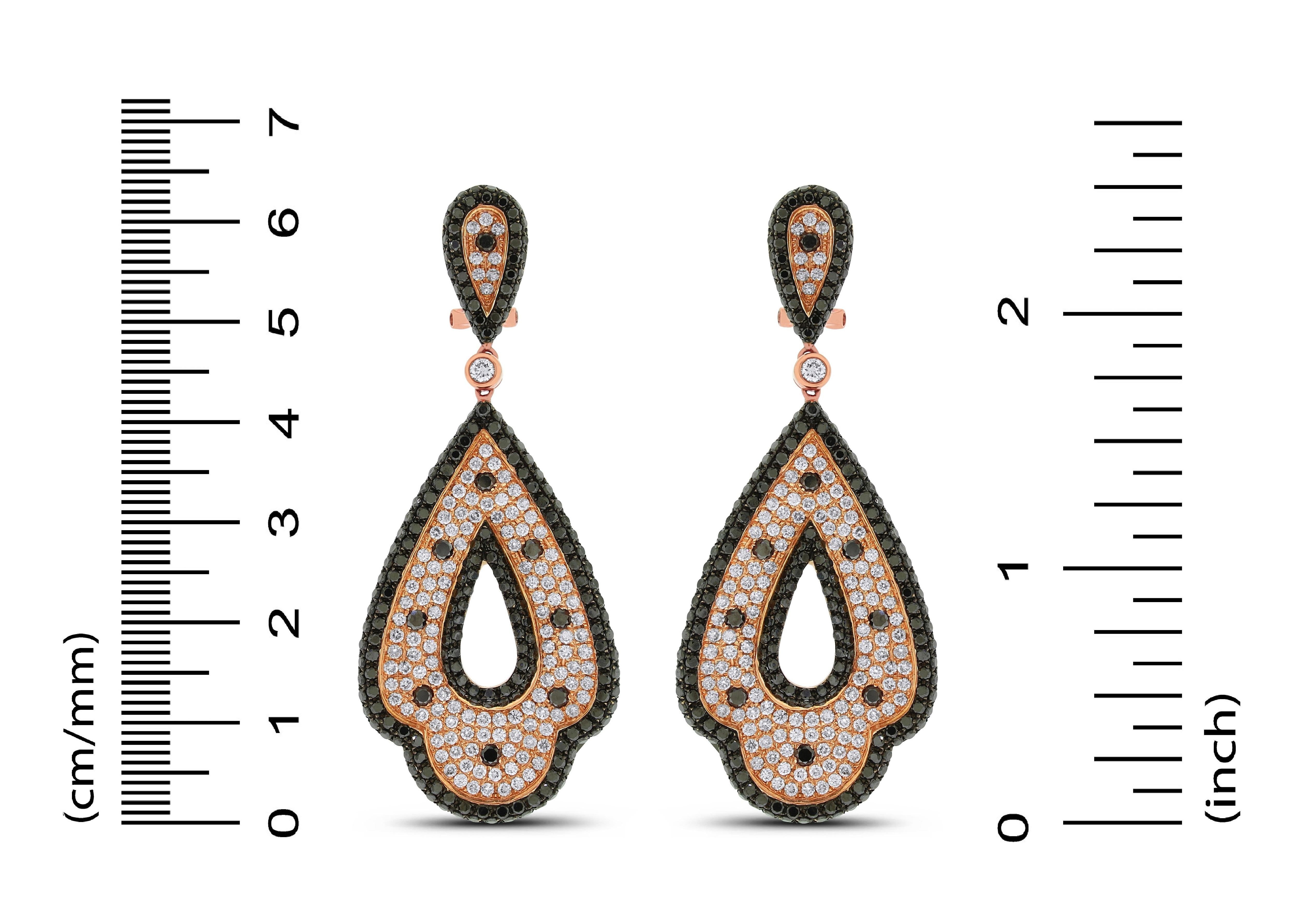 Round Cut Beauvince Black and White Diamond Large Dangle Earrings in Rose Gold