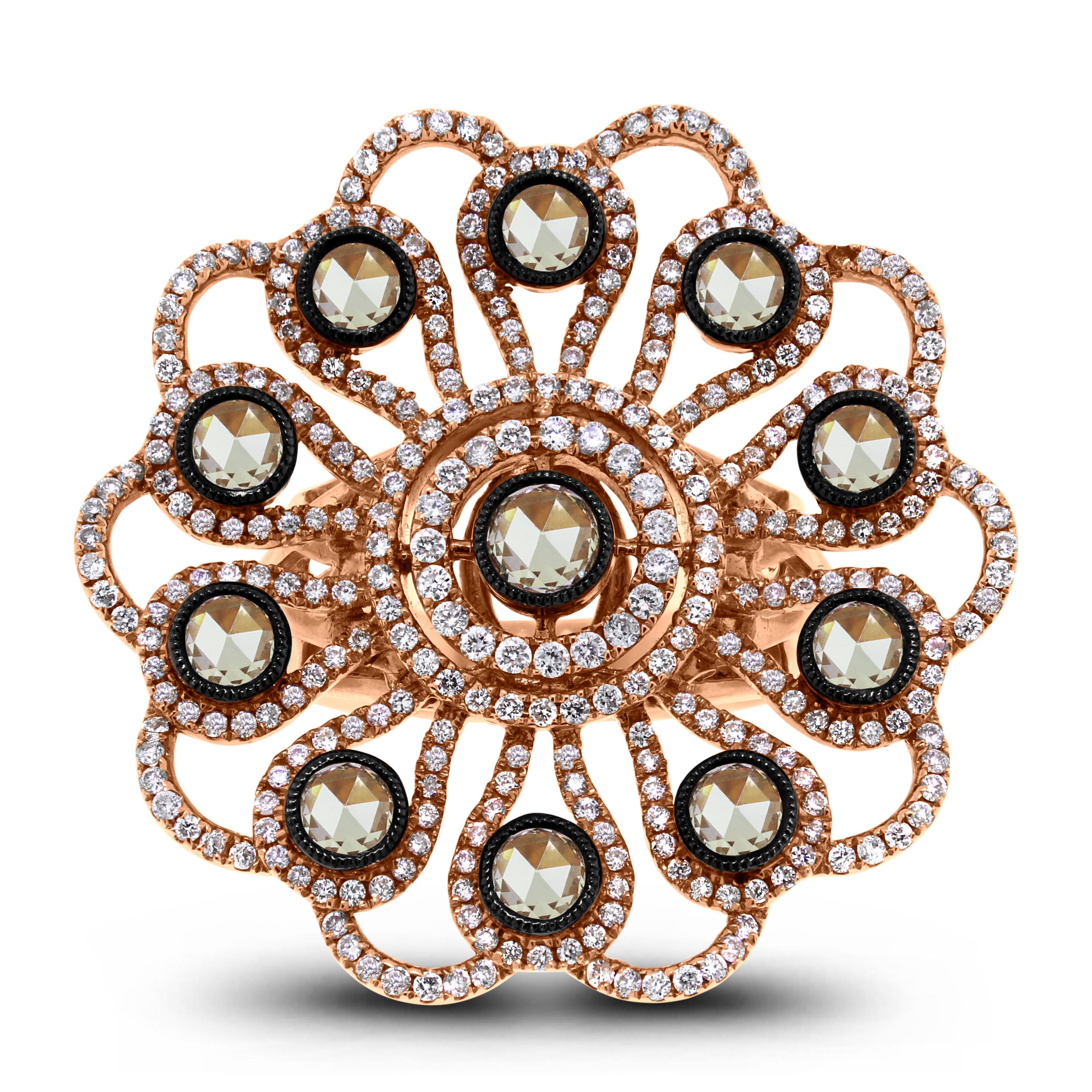 Con una silhouette floreale, l'anello con diamante Flora combina diversi tagli di diamanti e accenti di rodio nero per creare un look unico e moderno.

Forma dei diamanti: Taglio rotondo e rosa 
Peso totale dei diamanti: 2,11 carati  
Colore dei