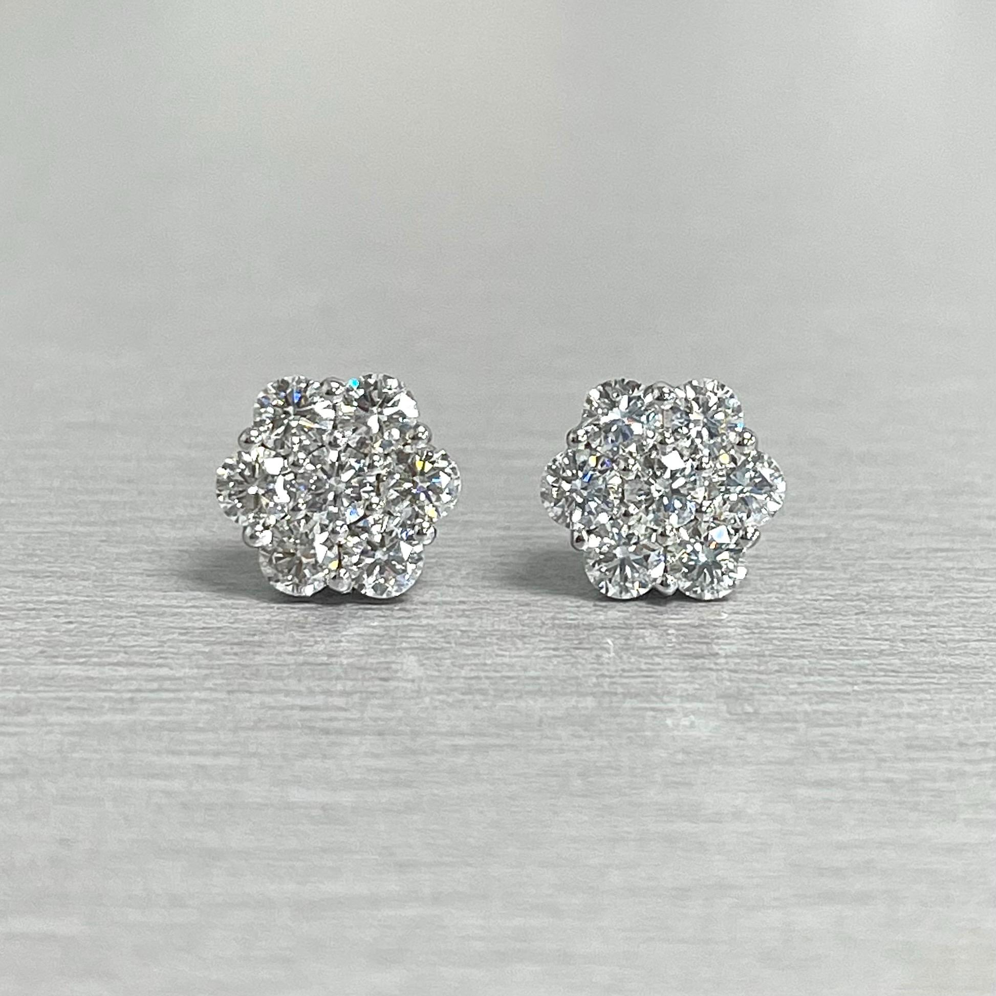 Round Cut Beauvince Flower Cluster Studs 1.27 Carat Diamonds in 18K White Gold