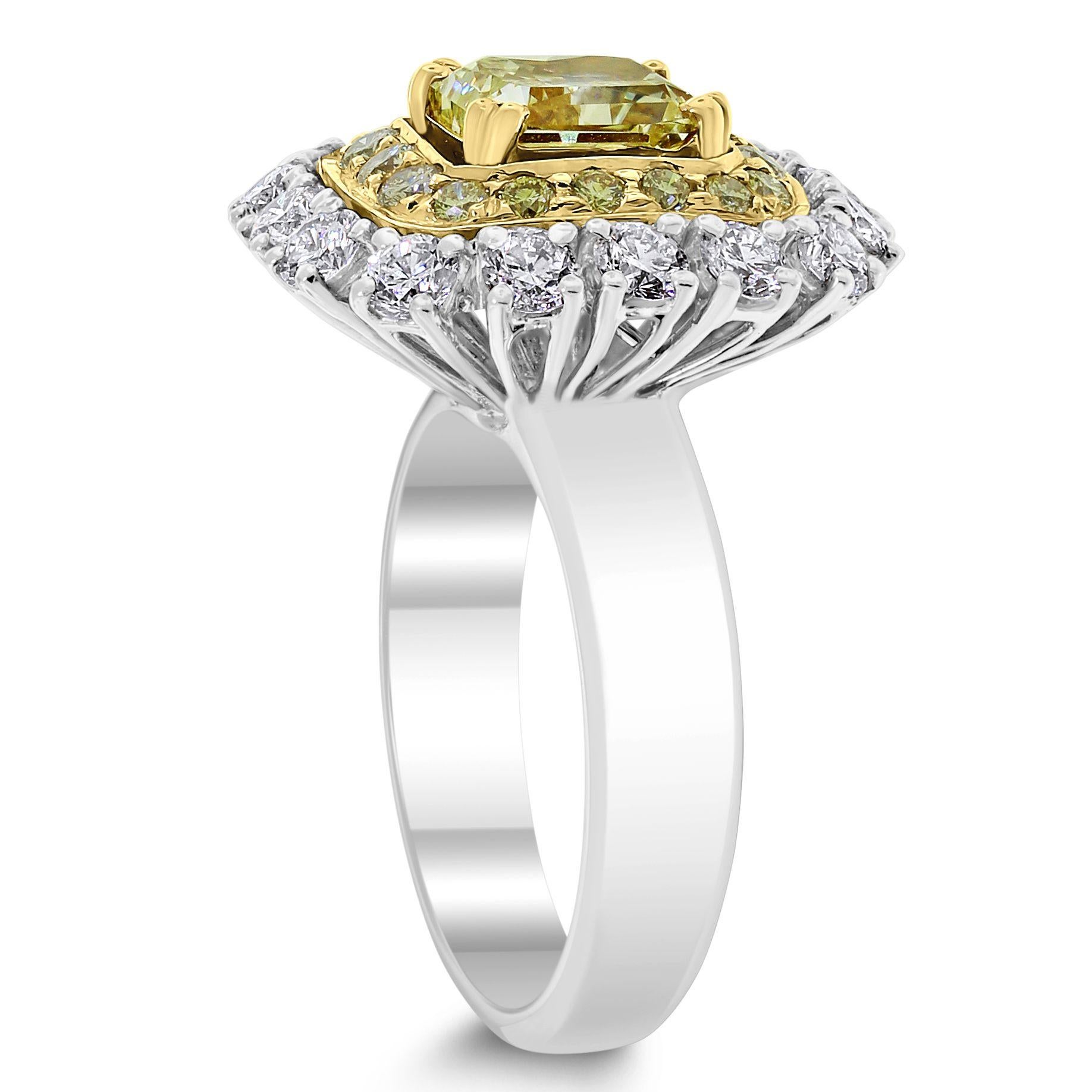 Colorful and pronounced, the Genevieve ring brings together sunshine and starlight with a combination of yellow and white diamonds. The center radiant dazzles while the concentric halos of yellow and white diamonds highlight its beauty and