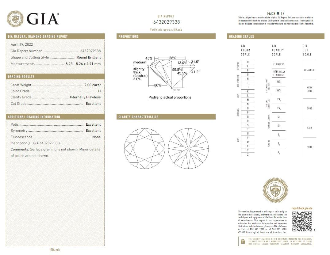 Round Cut Beauvince GIA 2.00 Carat Round H Internally Flawless Engagement Ring For Sale