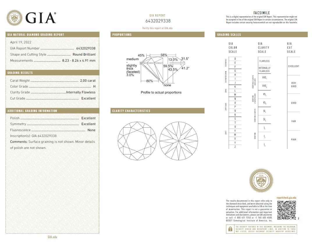 Beauvince GIA 2.00 Carat Round H Internally Flawless Engagement Ring For Sale 1