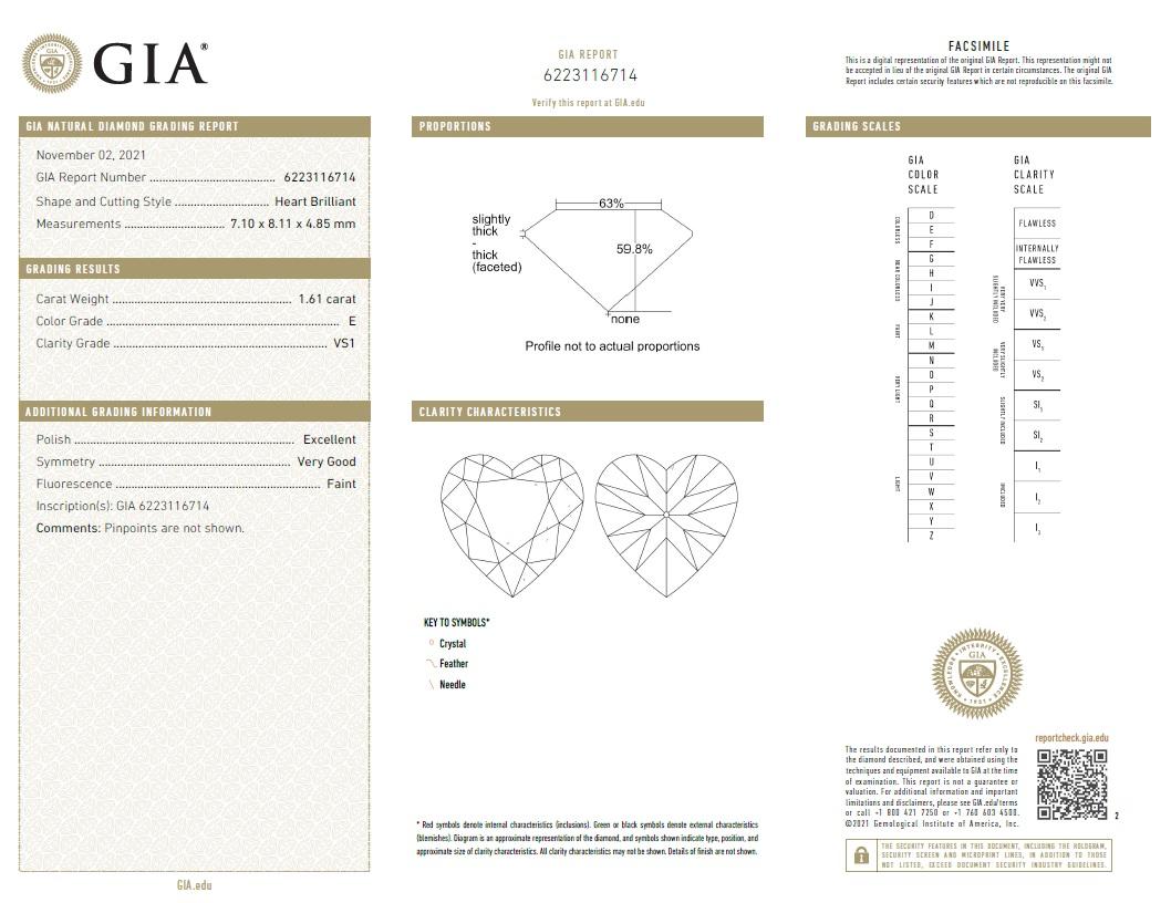 Beauvince, bague ou pendentif personnalisé avec diamant en forme de cœur certifié GIA de 1,61 carat EVS1 Unisexe en vente
