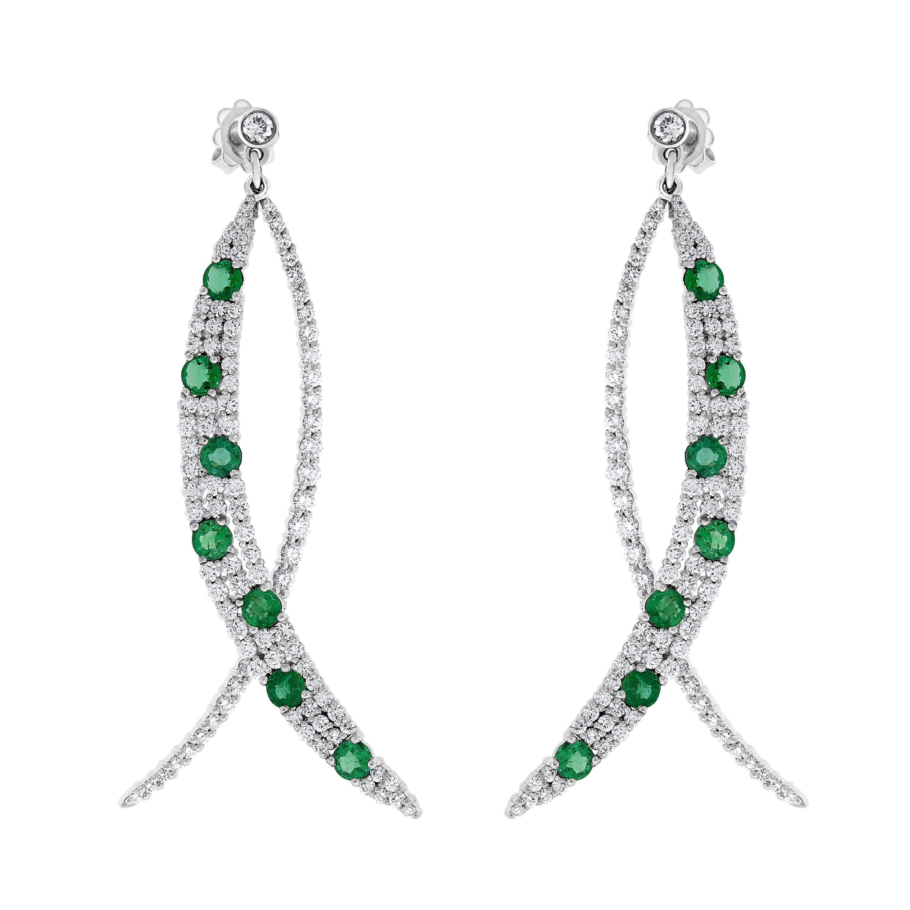 Beauvince Green Emerald and Diamond Long Dangle Earrings in White Gold