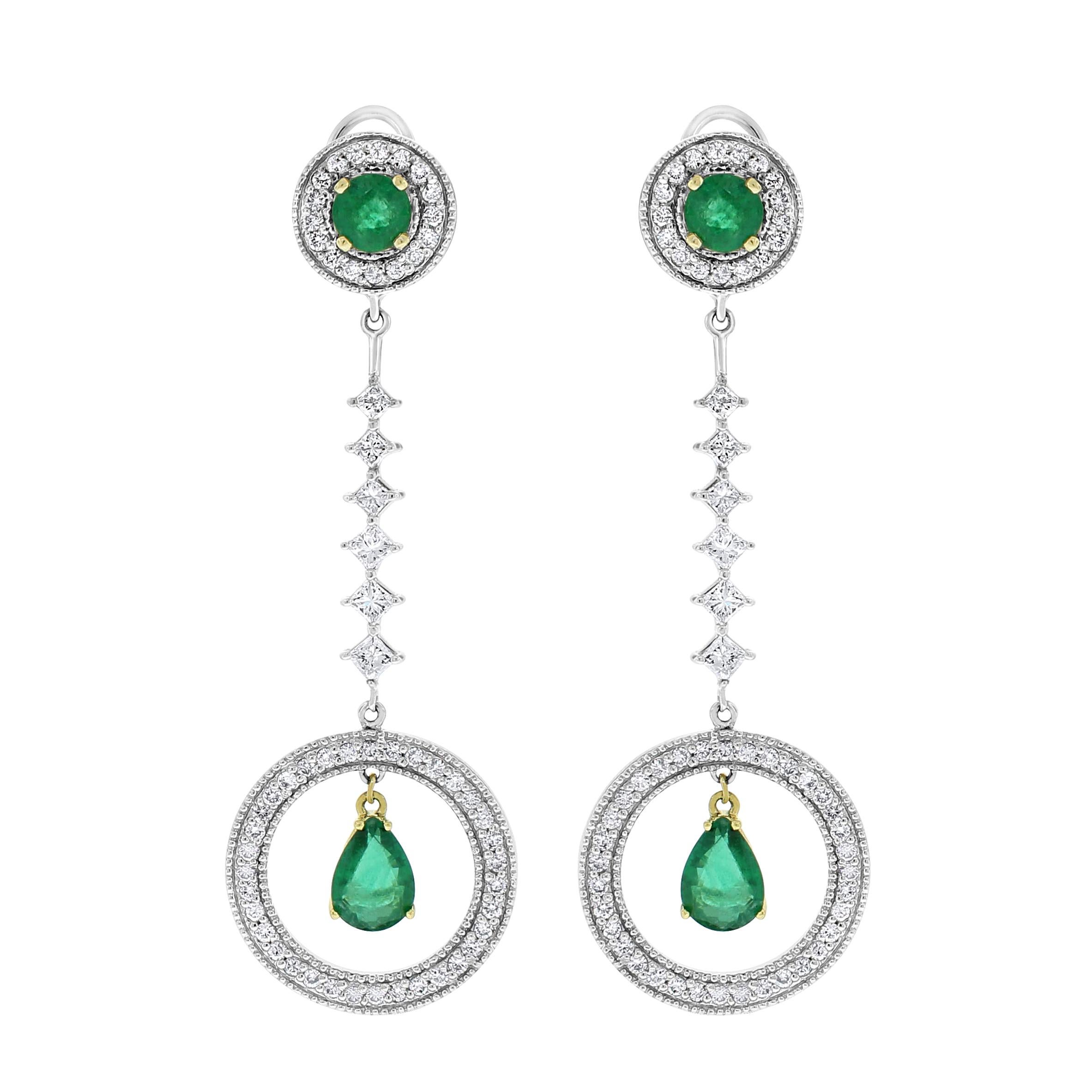 Beauvince Green Emerald and White Diamond Long Dangle Earrings in White Gold