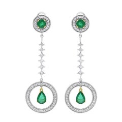 Beauvince Green Emerald and White Diamond Long Dangle Earrings in White Gold