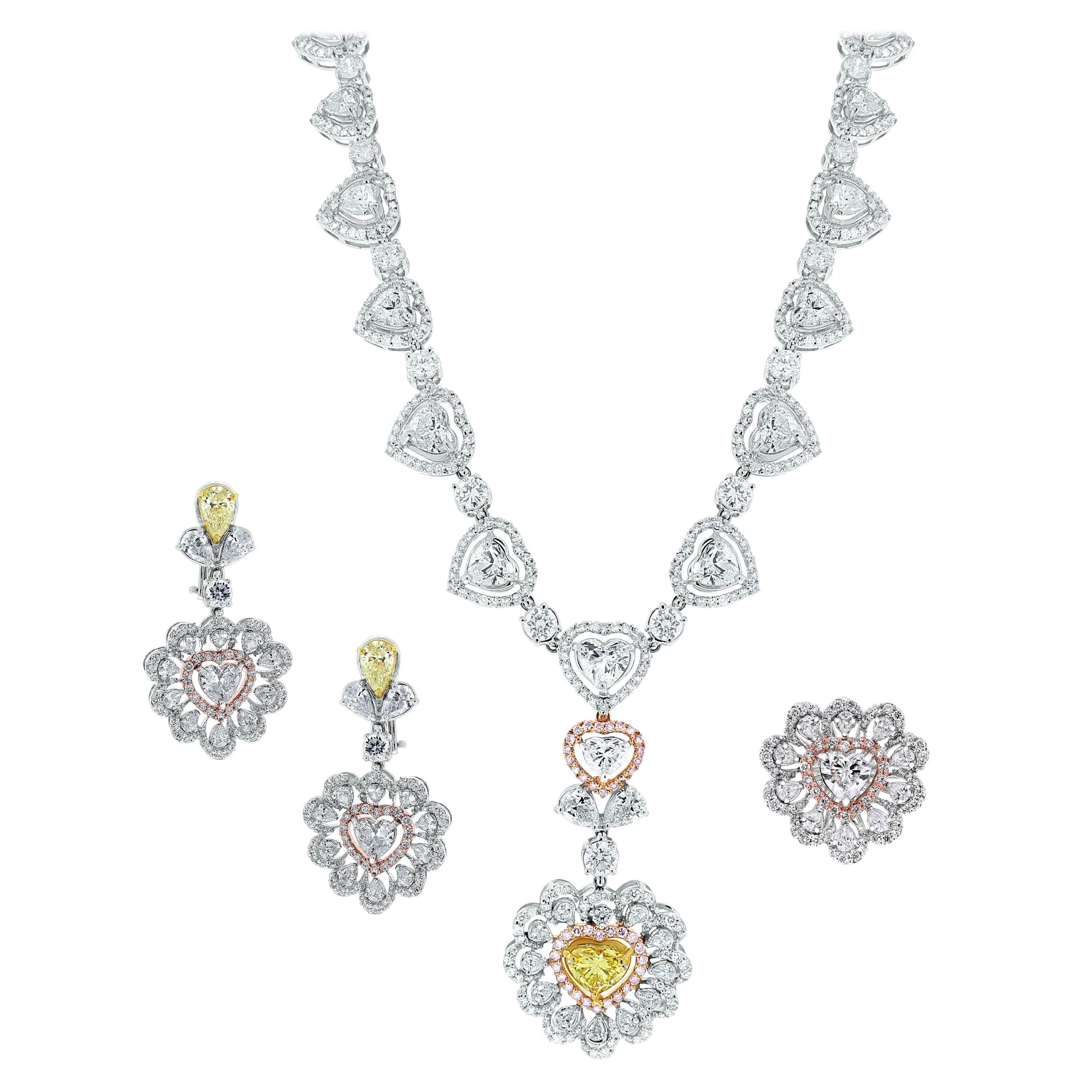 Beauvince Herz-Diamant-Halskette, Ohrring und Ring-Suite aus Weißgold