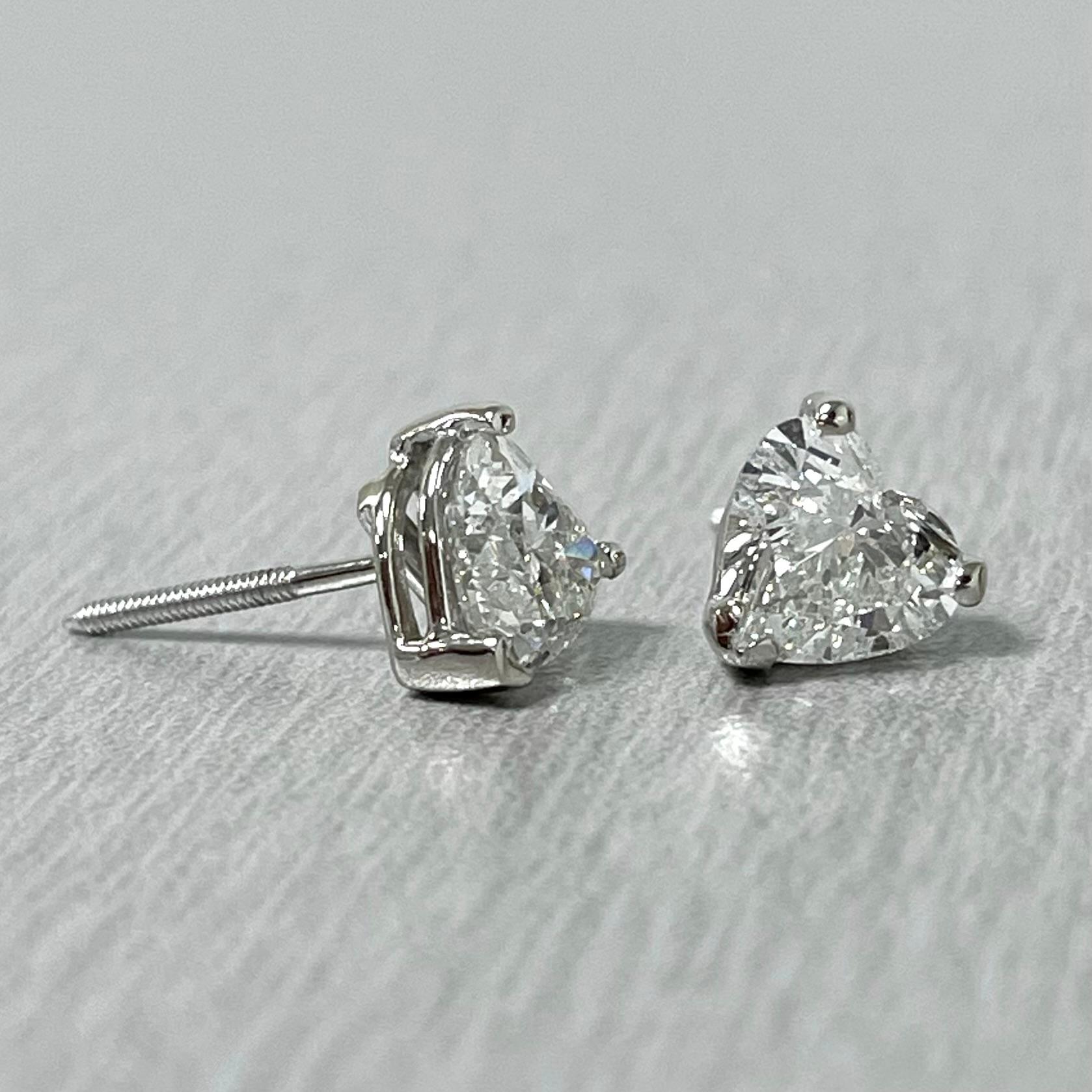 Beauvince Heart Shape Solitaire Studs (2.00 ct H SI GIA Diamonds) in White Gold In New Condition For Sale In New York, NY