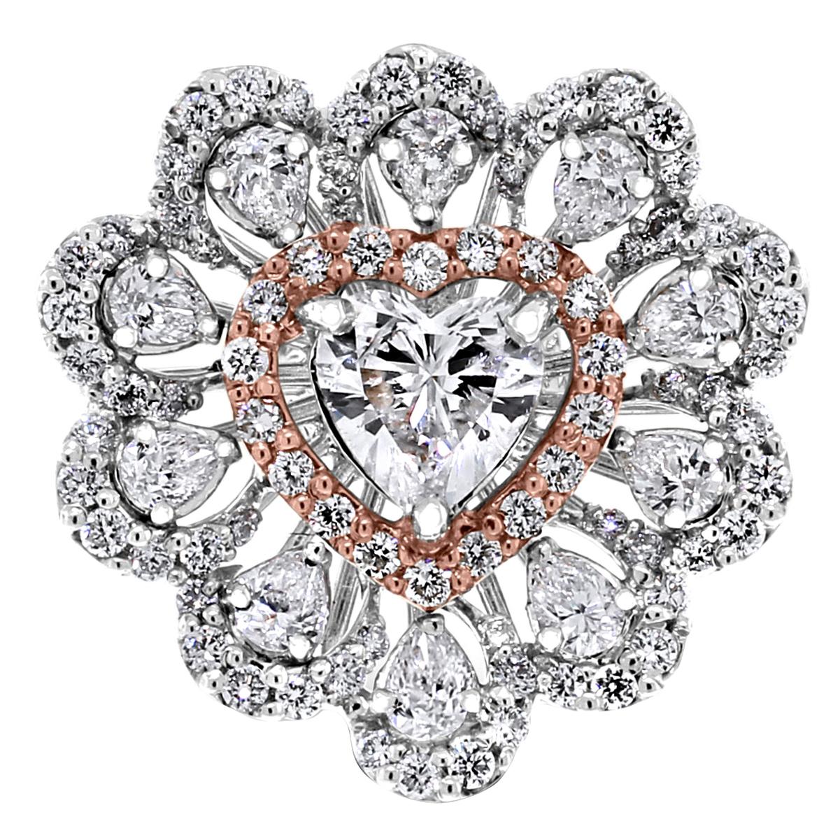 Beauvince Bague cocktail solitaire en or rose et blanc avec diamants en forme de cœur en vente