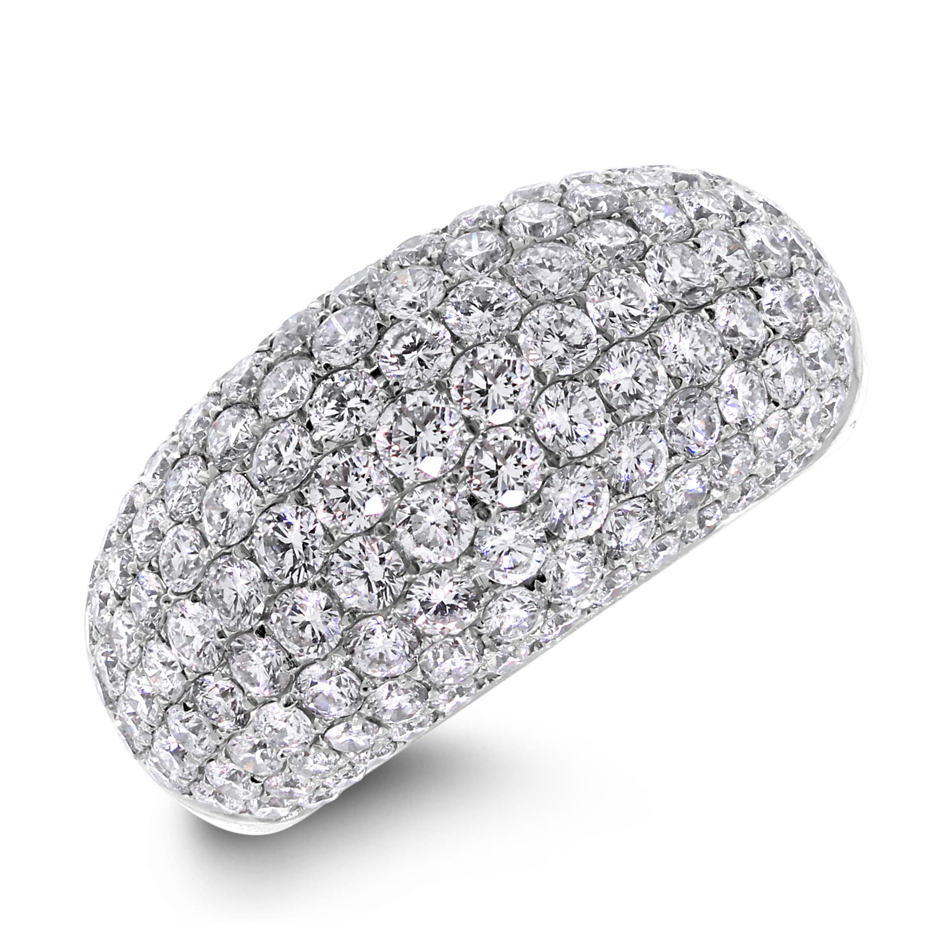 A bold and evergreen style, this pave Diamond band is a showstopper ideal for a trendsetter.

Diamond Shape: Round 
Total Diamond Weight: 3.45 ct
Diamond Color: F - G 
Diamond Clarity: VS (Very Slightly Included) 

Metal: 18K White Gold 
Metal Wt: