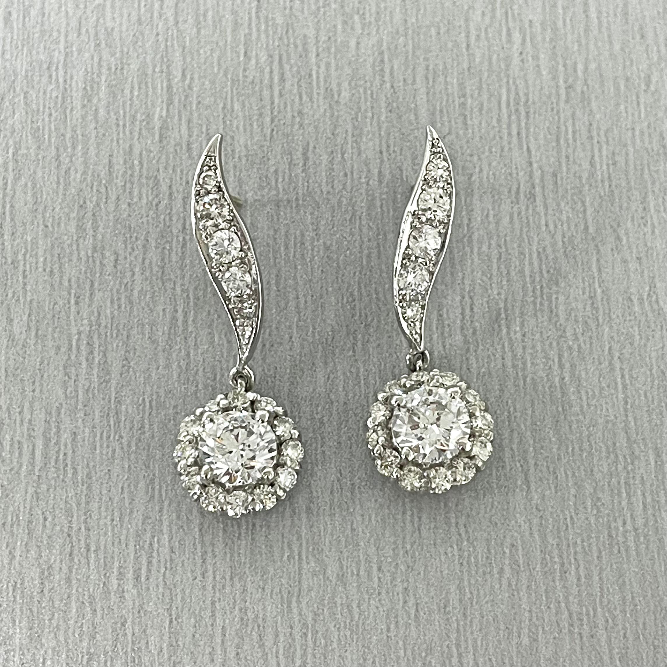 Round Cut Beauvince Leela Leaf Drop Earrings, '3.50 Ct Diamonds', in White Gold For Sale