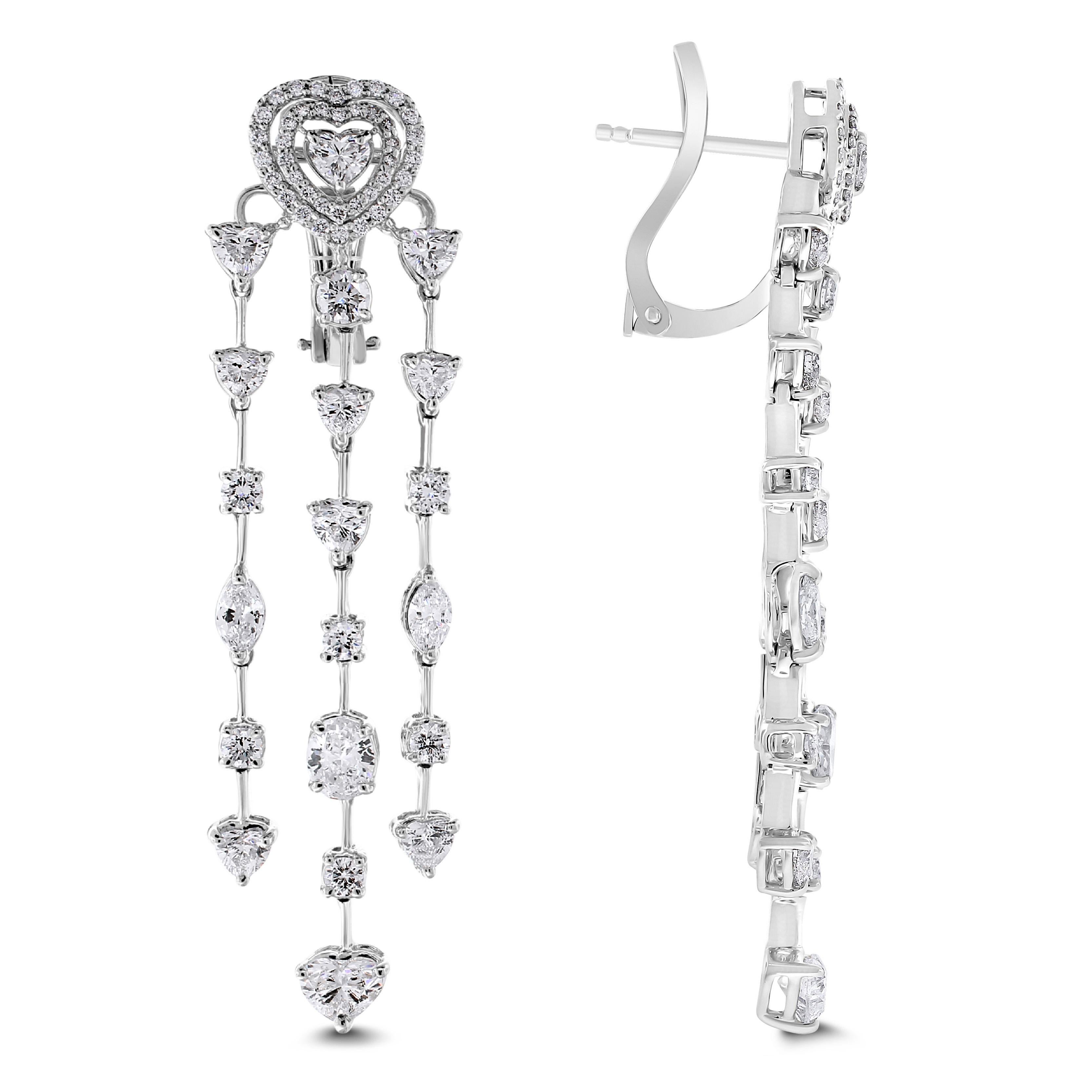 Delicate, Sweet & Sensual, these earrings showcase multiple diamond shapes to mesmerize and impress the onlooker. 

Diamonds Shapes: Heart, Round, Marquise & Oval
Total Diamond Weight: 7.19 ct 
Diamond Color: G - I
Diamond Clarity: VS (Very Slightly