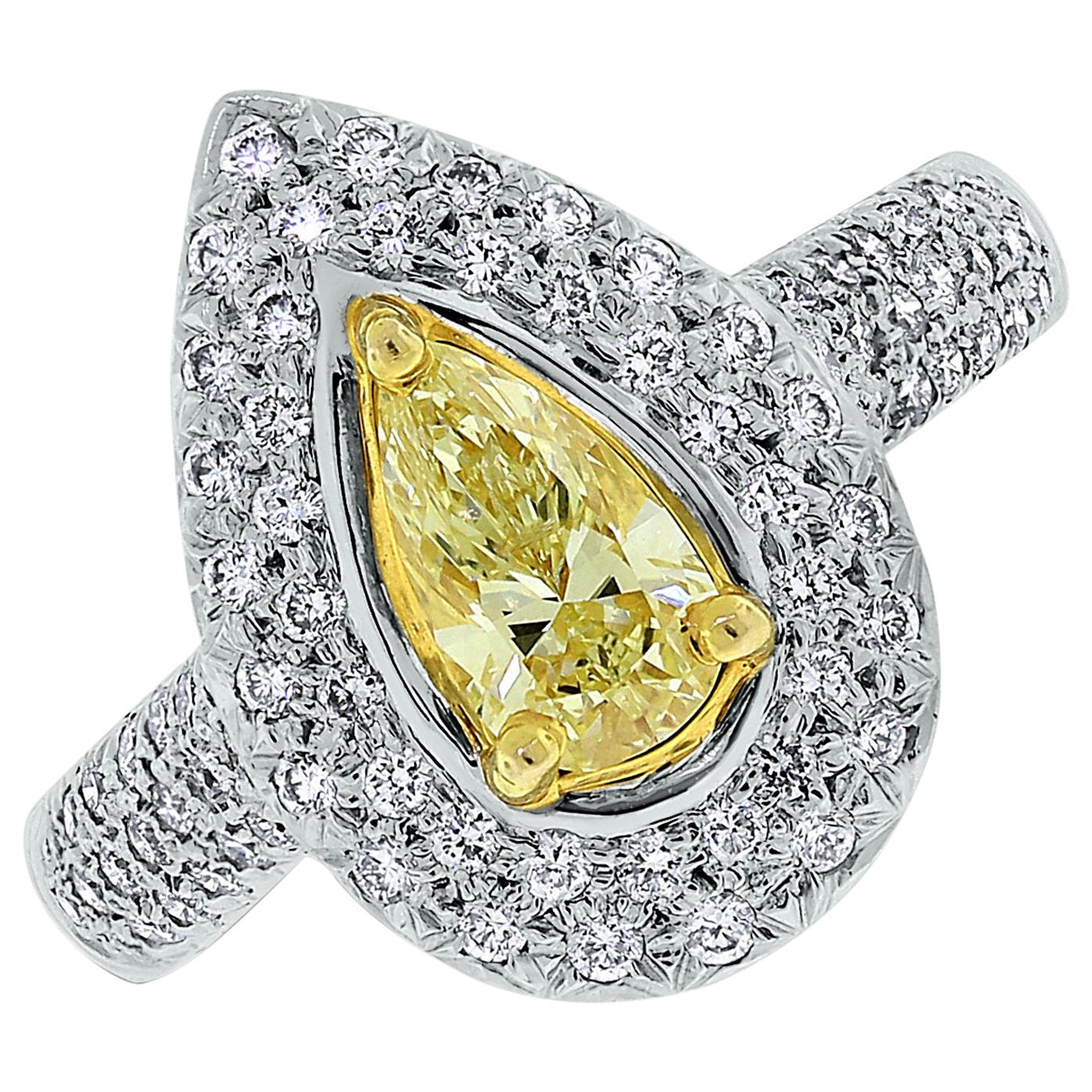 Beauvince Luz Ring 0.56 Carat Pear Shape Fancy Yellow SI2 Diamond in White Gold For Sale