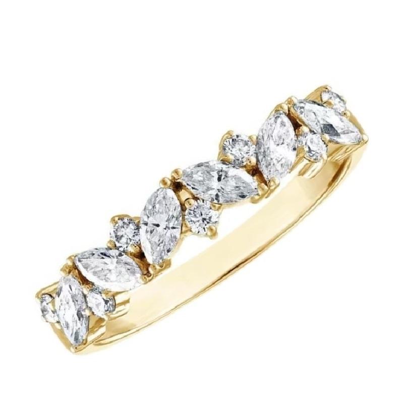 Flanked with zigzagging marquise shaped diamonds and accented with little brilliants, this band is beauty whether styling a engagement ring or worn on its own. It is a evergreen expression of love and wonder.

Diamond Shape: Marquise & Round
Total