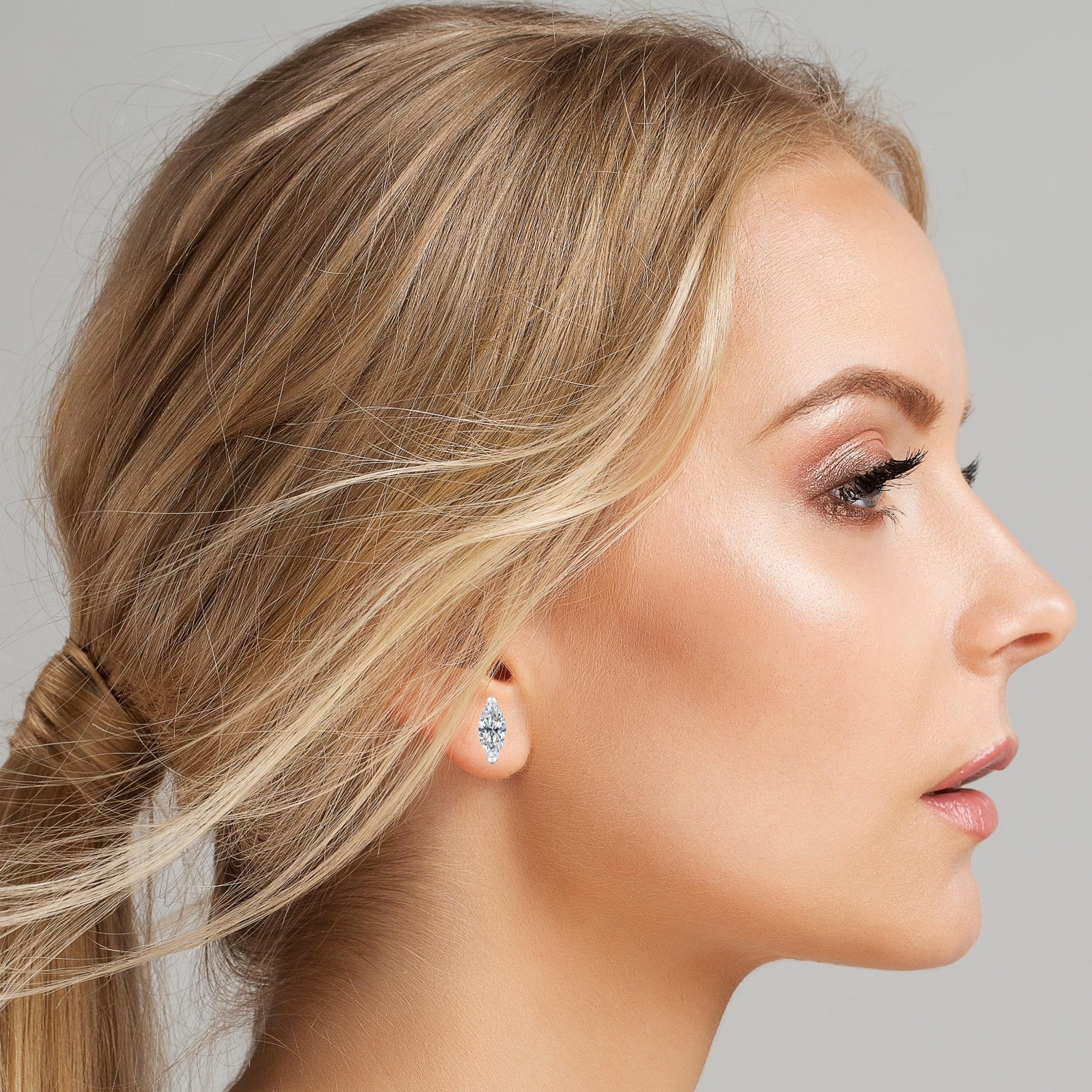 Diamond solitaire studs are a signature everyday piece of jewelry. They are a classic and a statement simultaneously. 
These stunning marquise diamond studs are a lovely pair for a unconventional, out of the box thinker. They are stylish and sleek