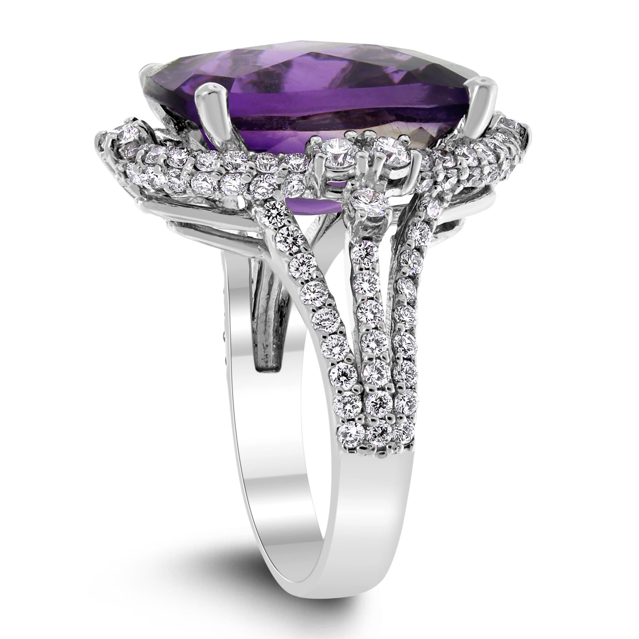 The Beauvince Purple Crush ring features a gorgeous Amethyst which holds its own set in a unique Diamond halo setting. 

Gemstones Type: Amethyst 
Gemstones Shape: Elongated Cushion 
Gemstones Weight: 9.24 ct 
Gemstones Color: Deep Purple 
Gemstones