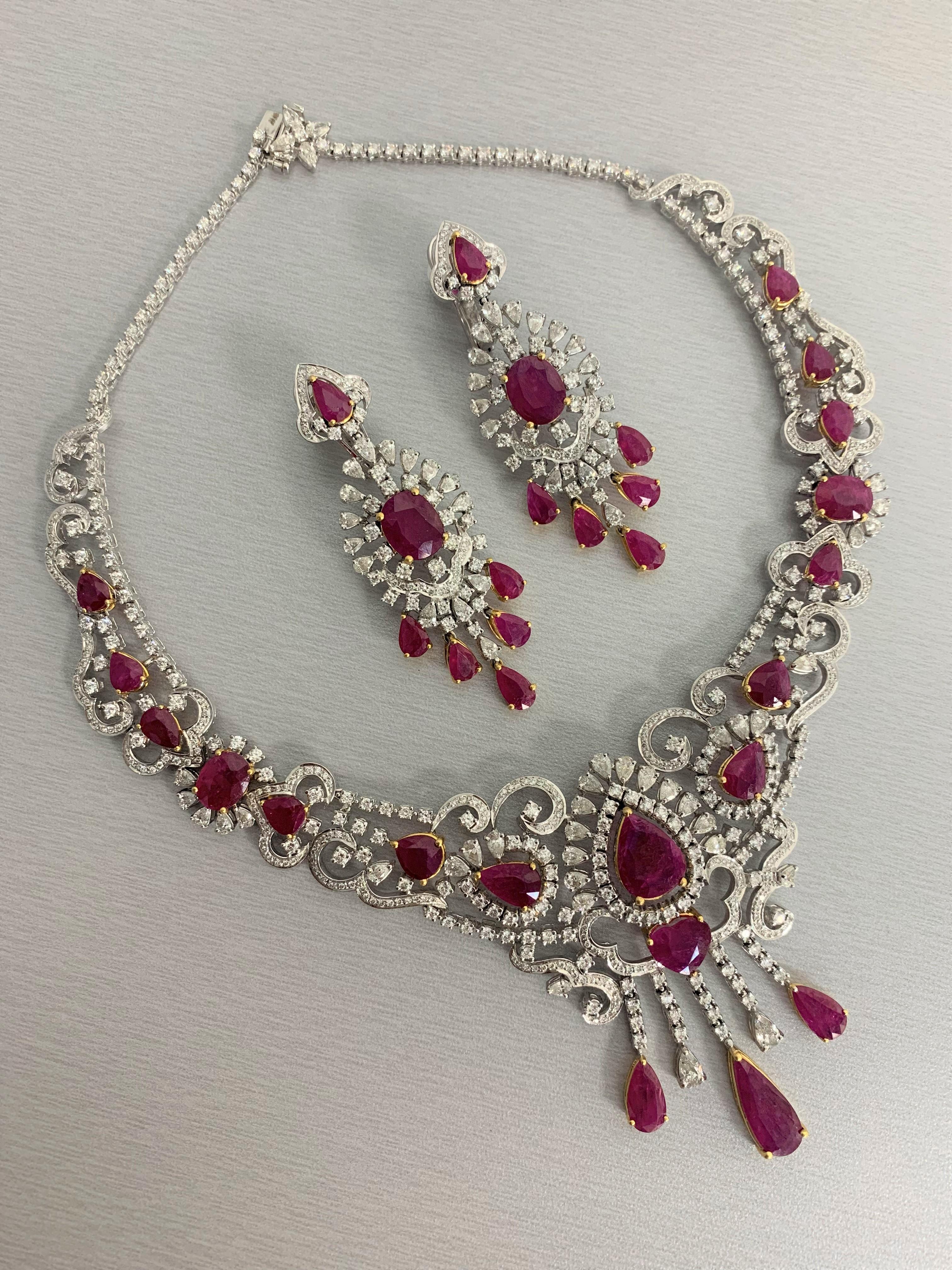 Contemporary Beauvince Ruby and Diamond Necklace and Earring Suite in White Gold