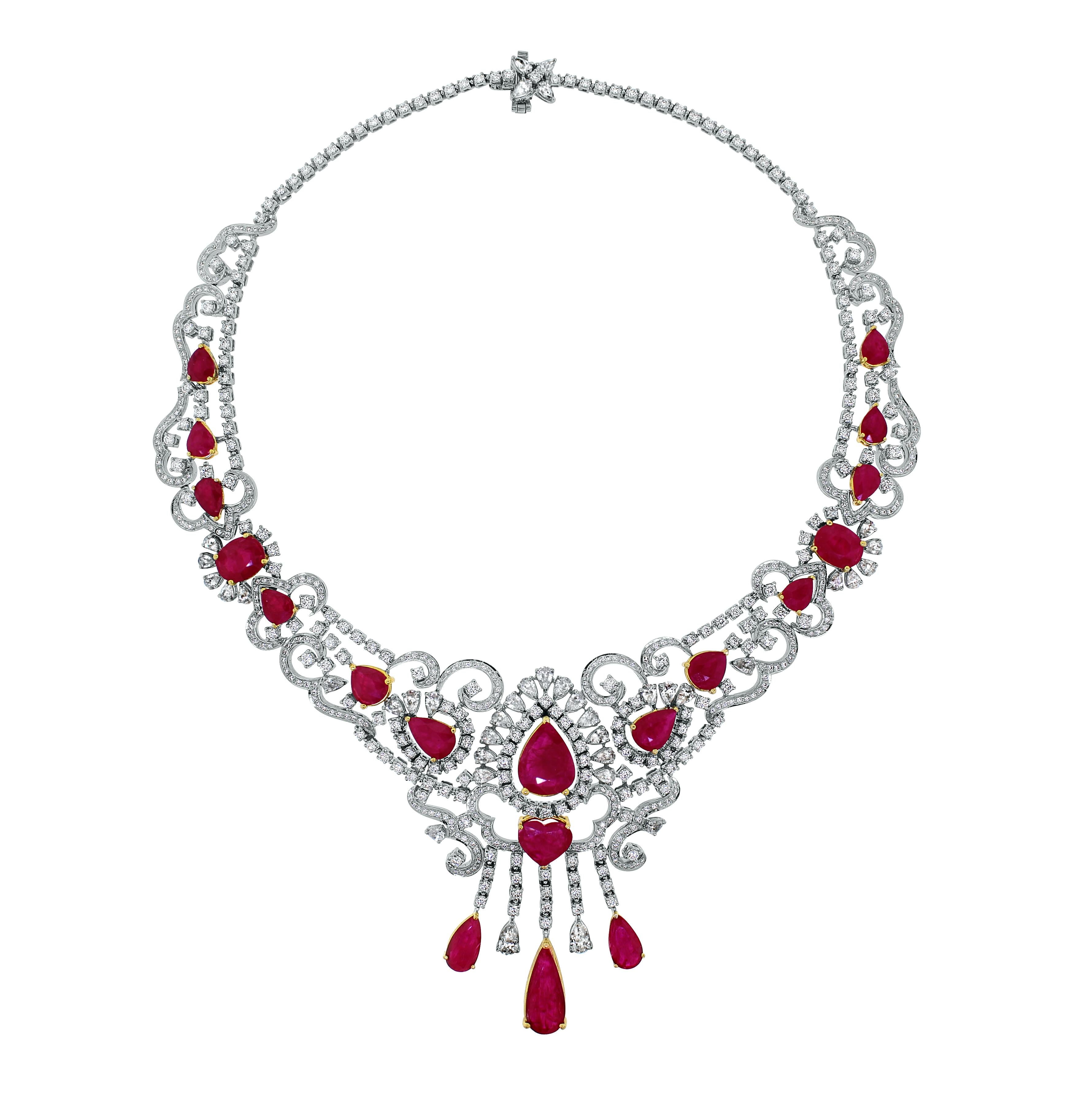 Mixed Cut Beauvince Ruby and Diamond Necklace and Earring Suite in White Gold