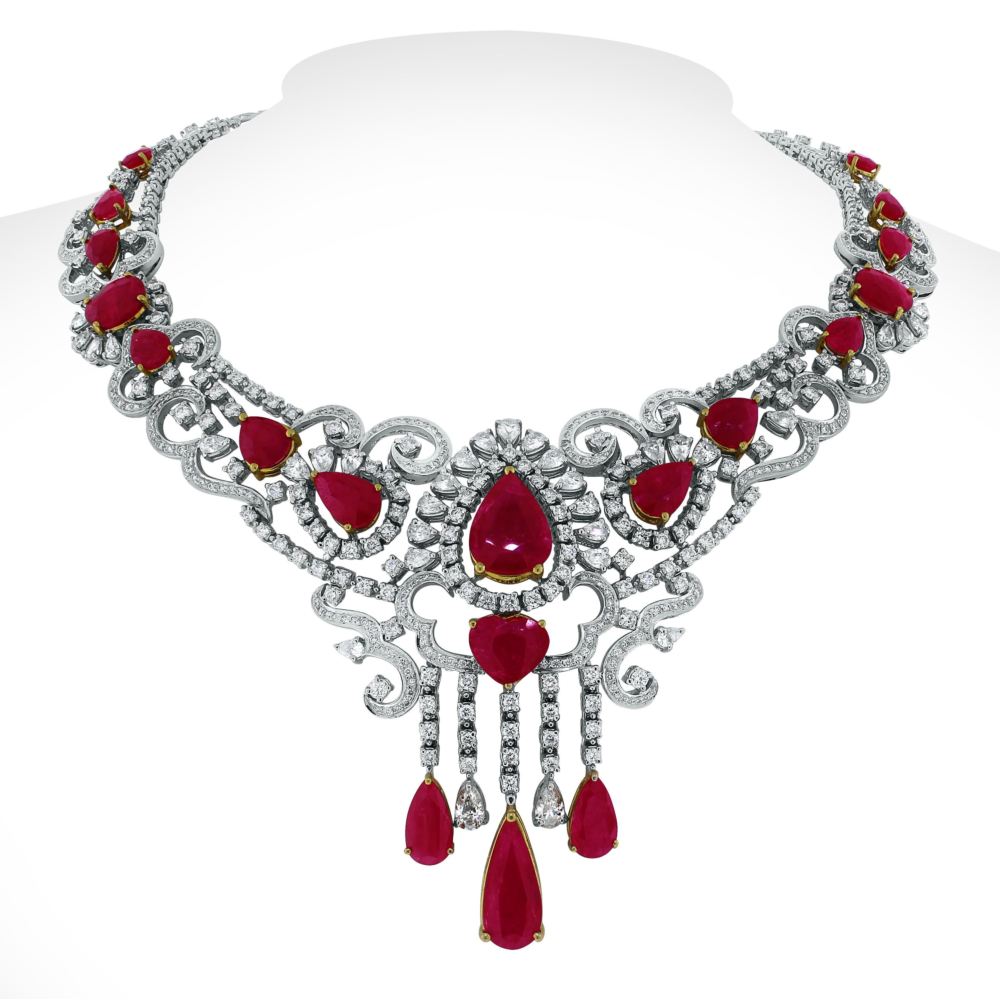 Women's Beauvince Ruby and Diamond Necklace and Earring Suite in White Gold