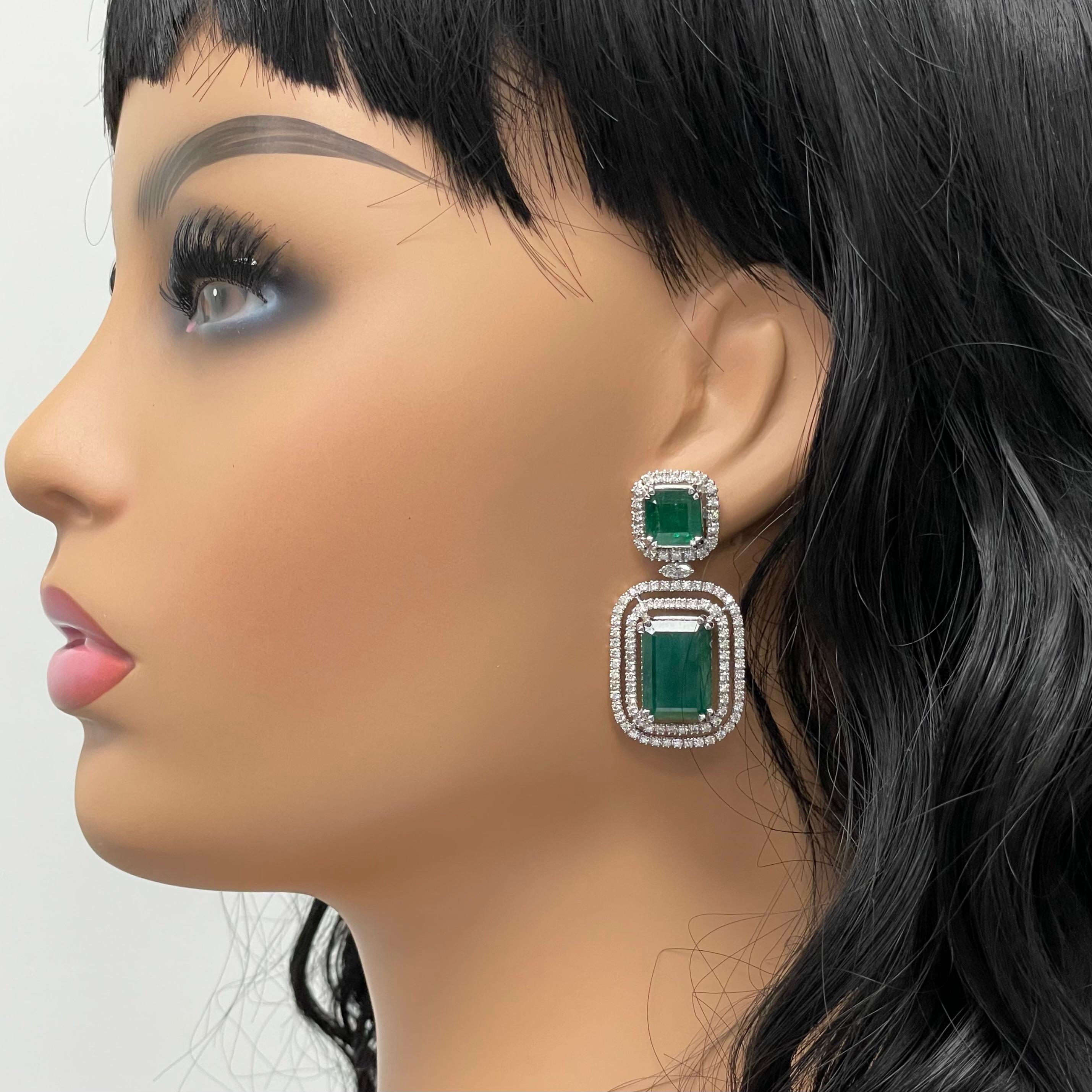 Emerald Cut Beauvince Renee Emerald & Diamond Earrings '28.02 Ct Gemstones' in White Gold For Sale
