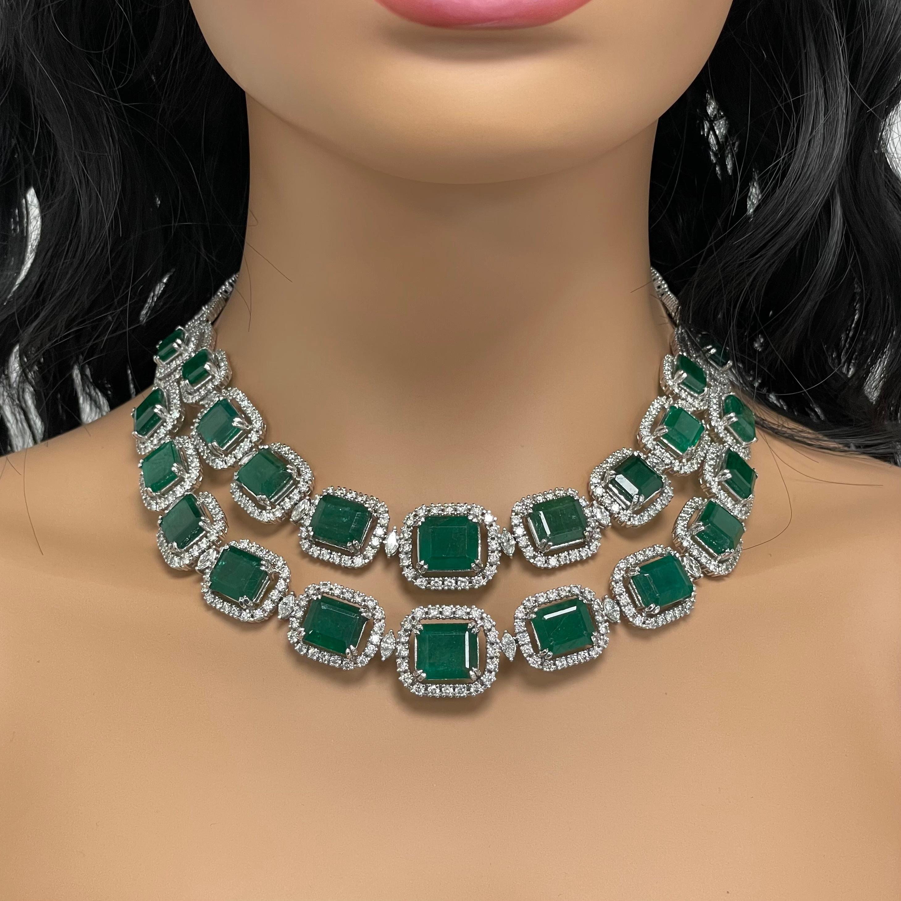 The Renee Emerald & Diamond Necklace is a unique and luxurious heritage double strand choker with royal green emeralds and diamonds set in white gold. 

Gemstones Type: Emerald
Gemstones Shape: Rectangular
Gemstones Weight: 135.78 ct
Gemstones