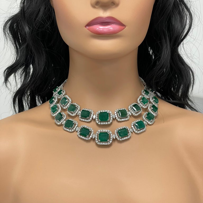 Contemporary Beauvince Renee Emerald & Diamond Necklace '162.89 Ct Gemstones' in White Gold For Sale