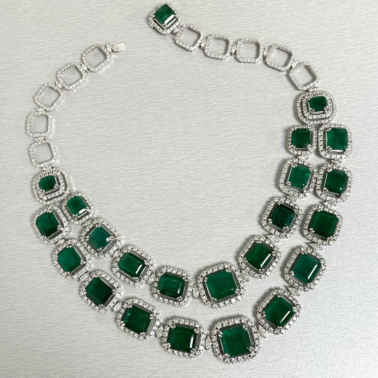 Emerald Cut Beauvince Renee Emerald & Diamond Necklace '162.89 Ct Gemstones' in White Gold For Sale