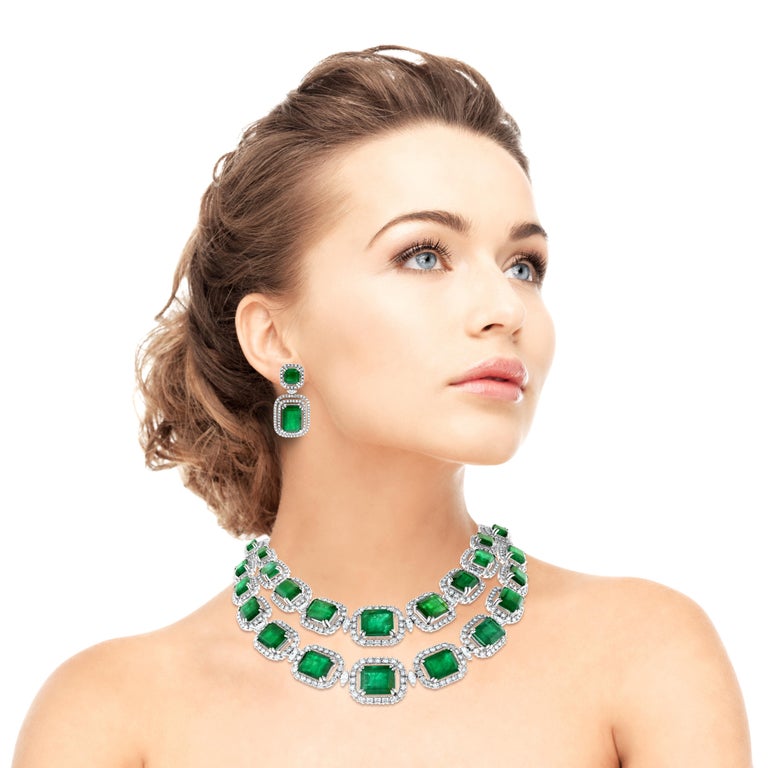 Beauvince Renee Emerald & Diamond Necklace '162.89 Ct Gemstones' in White Gold In New Condition For Sale In New York, NY