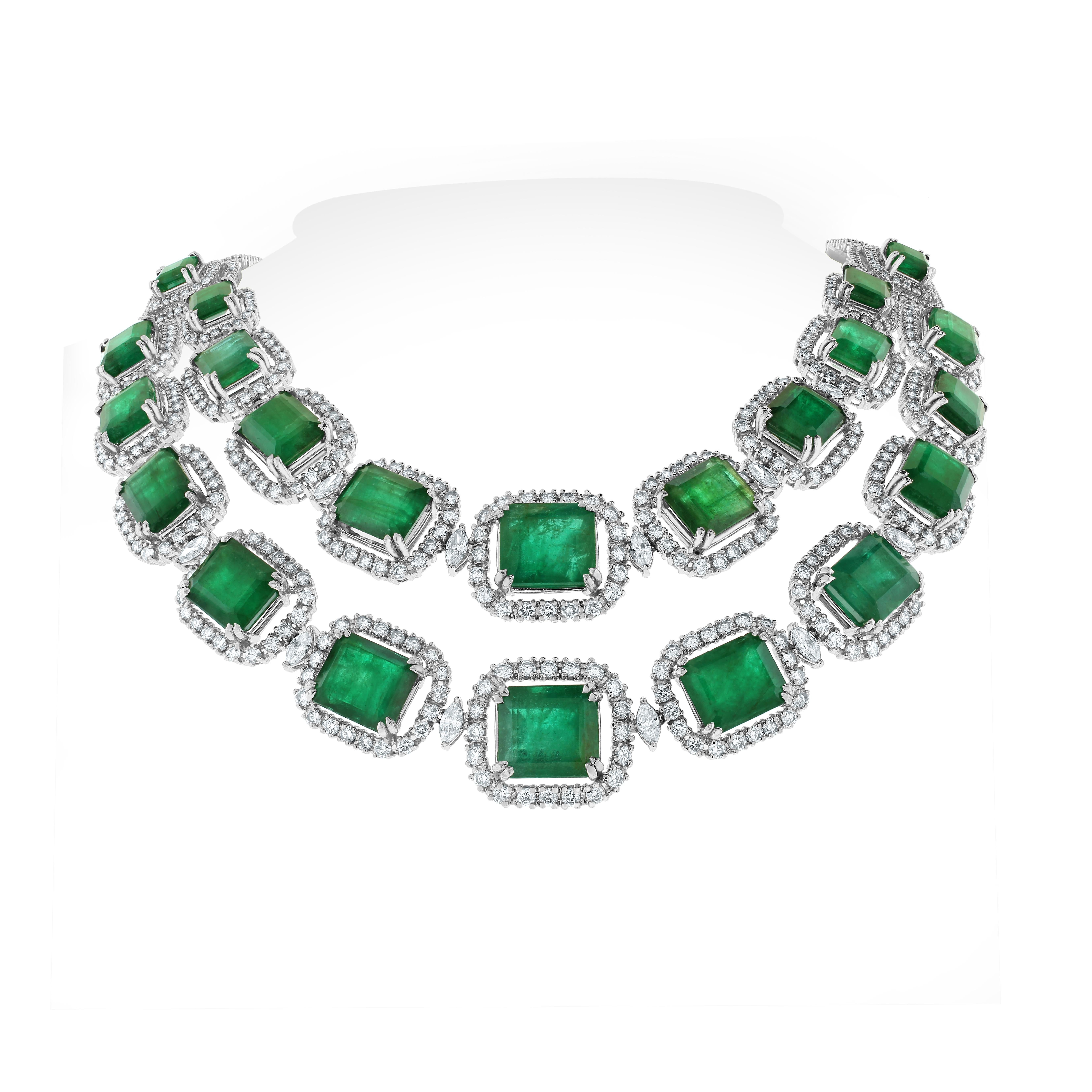 Beauvince Renee Smaragd- und Diamant-Halskette '162.89 Karat Edelsteine' aus Weißgold für Damen oder Herren im Angebot