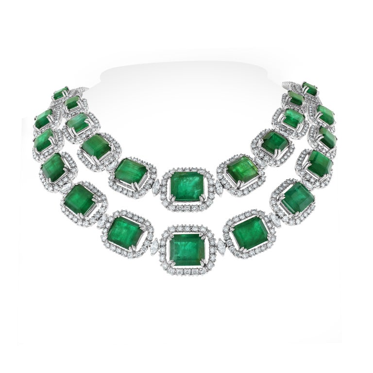 Women's or Men's Beauvince Renee Emerald & Diamond Necklace '162.89 Ct Gemstones' in White Gold For Sale