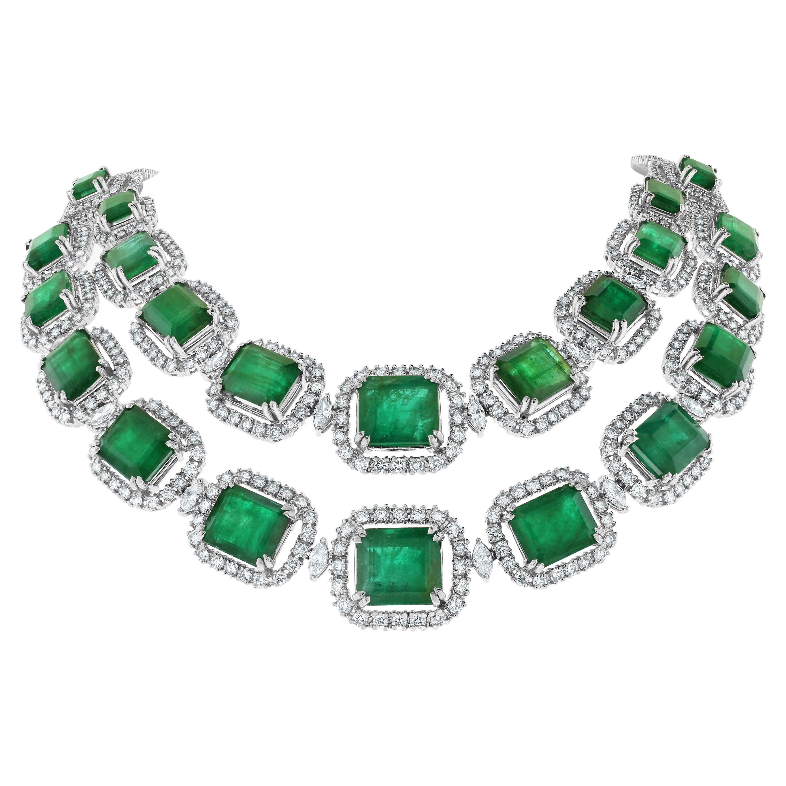 Beauvince Renee Emerald & Diamond Necklace '162.89 Ct Gemstones' in White Gold For Sale