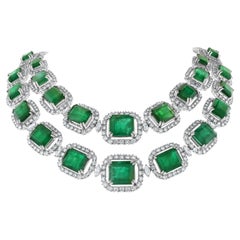 Beauvince Renee Emerald & Diamond Necklace '162.89 Ct Gemstones' in White Gold