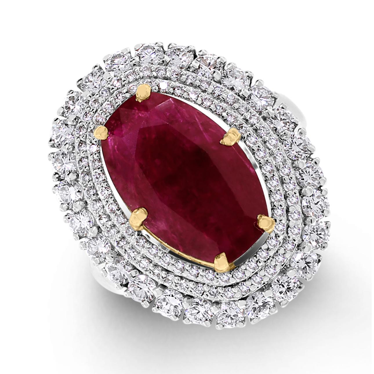 The Rita ring features a gorgeous stated ruby cradled with multiple diamond halos to create a 'Wow' effect. The rich color of the ruby pops against the brilliance of the diamonds.

Gemstones Type: Ruby
Gemstones Shape: Oval
Gemstones Weight: 4.56