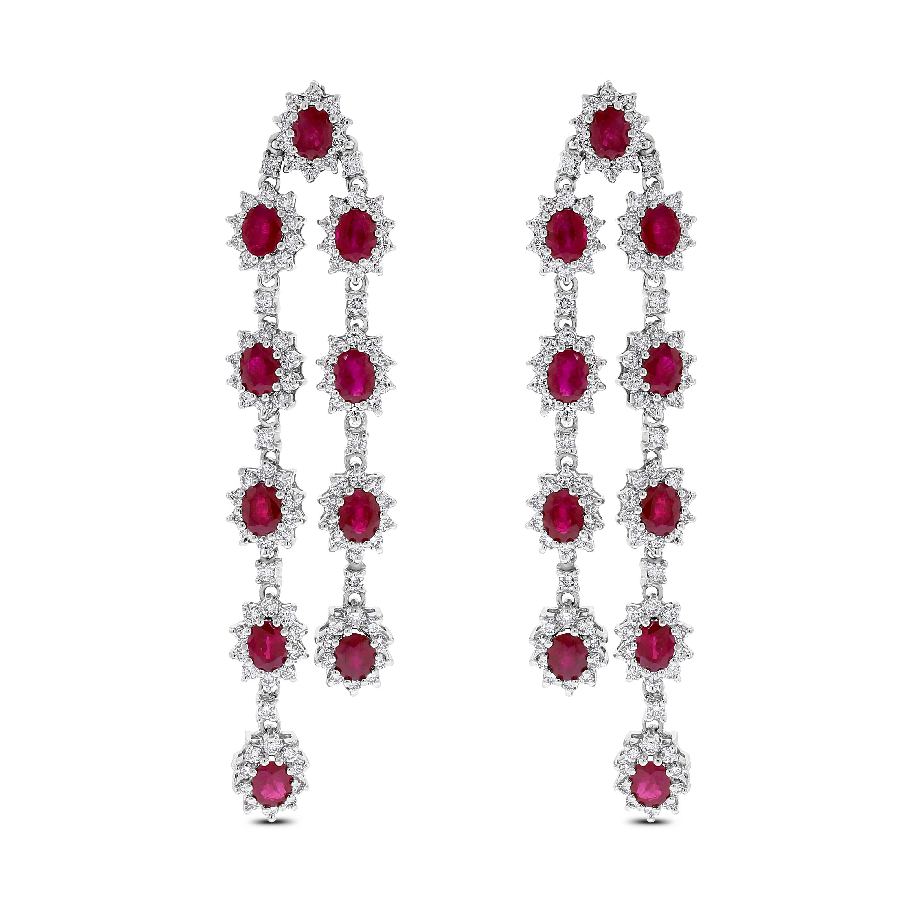 Round Cut Beauvince Rosemary Ruby Earrings (14.23 ct Rubies & Diamonds) in White Gold For Sale