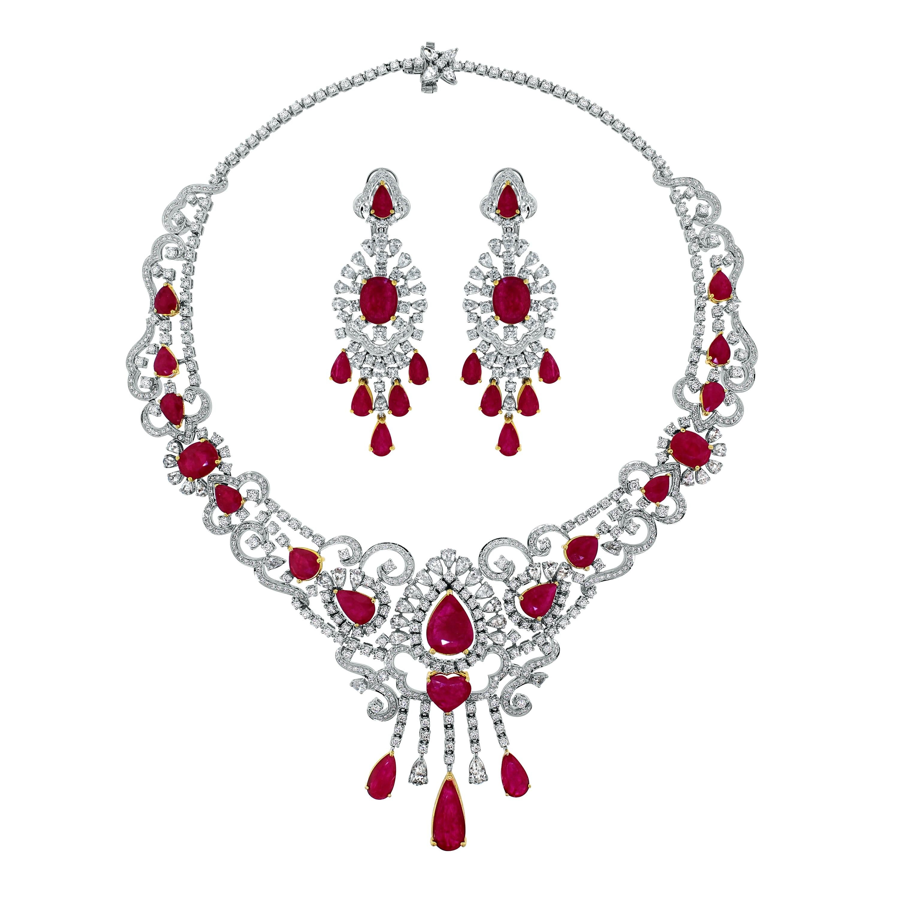 Beauvince Ruby and Diamond Necklace and Earring Suite in White Gold