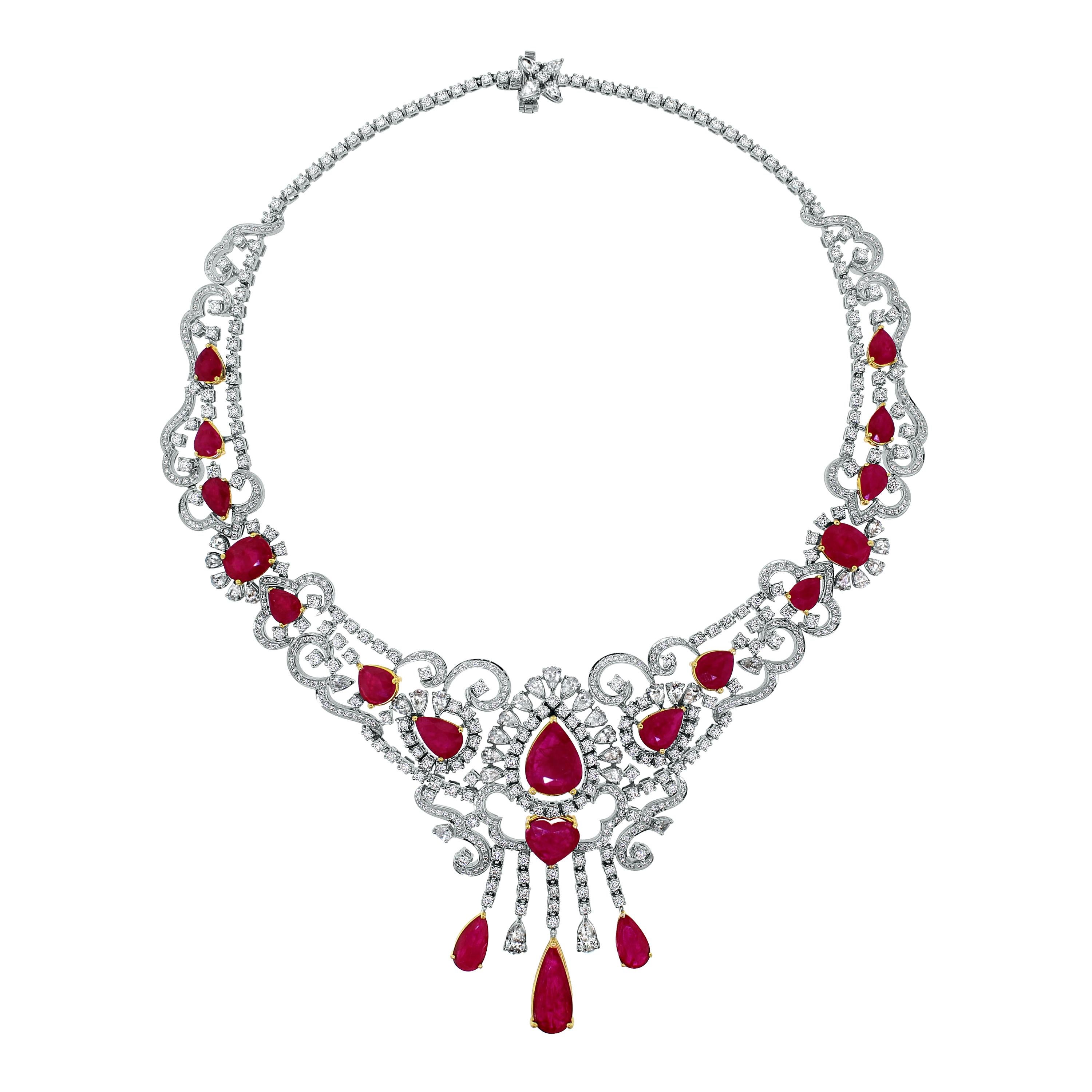 Beauvince Ruby and Diamond Pendant Choker Necklace in White Gold For