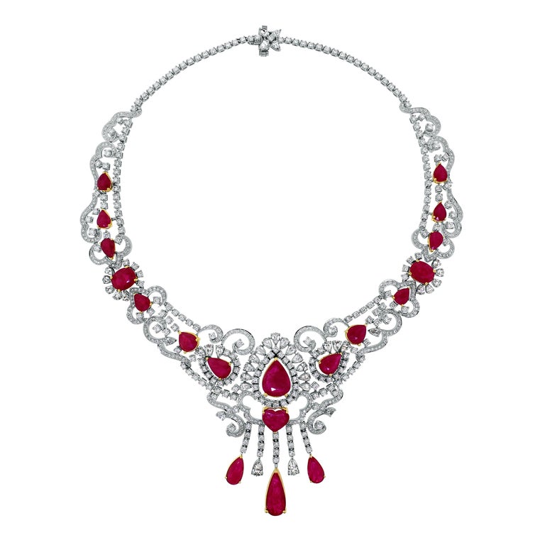 Beauvince Ruby and Diamond Pendant Choker Necklace in White Gold For ...