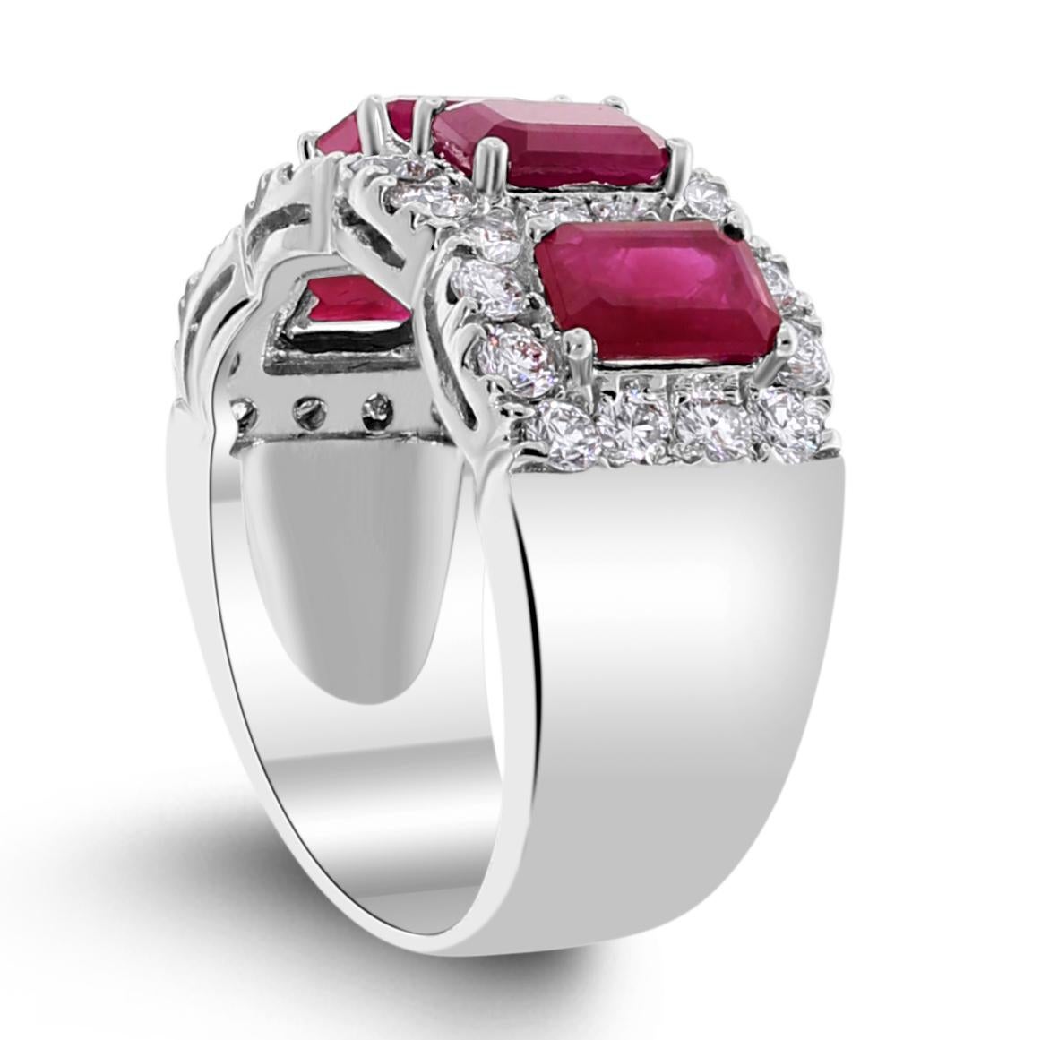 Contemporary Beauvince Ruby Halo Cigar Band (4.28 ct Diamonds & Rubies) in White Gold For Sale