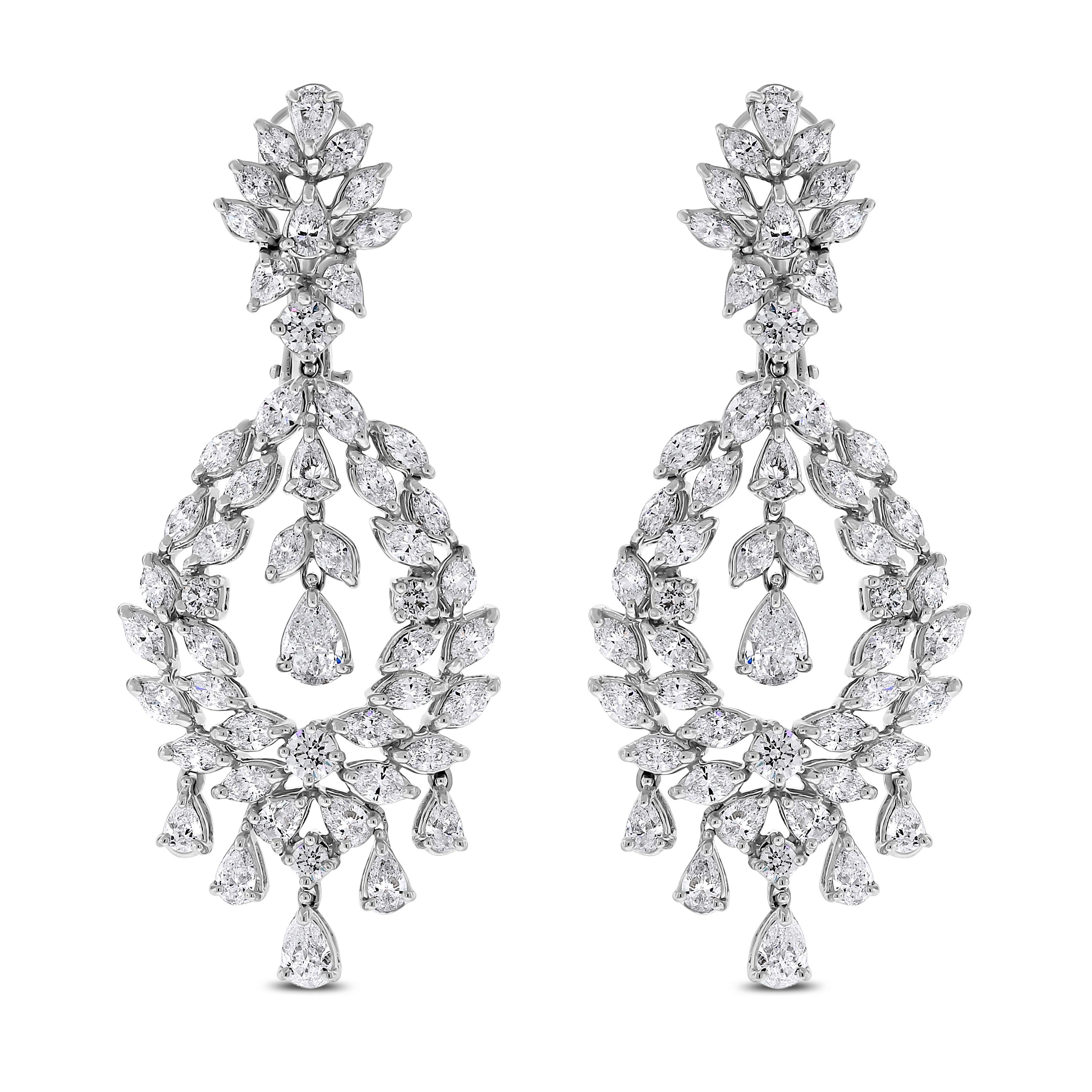 With timeless design and dazzling diamonds, these earrings are a showstopper. 

Diamonds Shapes: Round, Marquise & Pear
Total Diamond Weight: 11.18 ct 
Diamond Color: G - H
Diamond Clarity: VS (Very Slightly Included) 

Metal: 18K White Gold 
Metal
