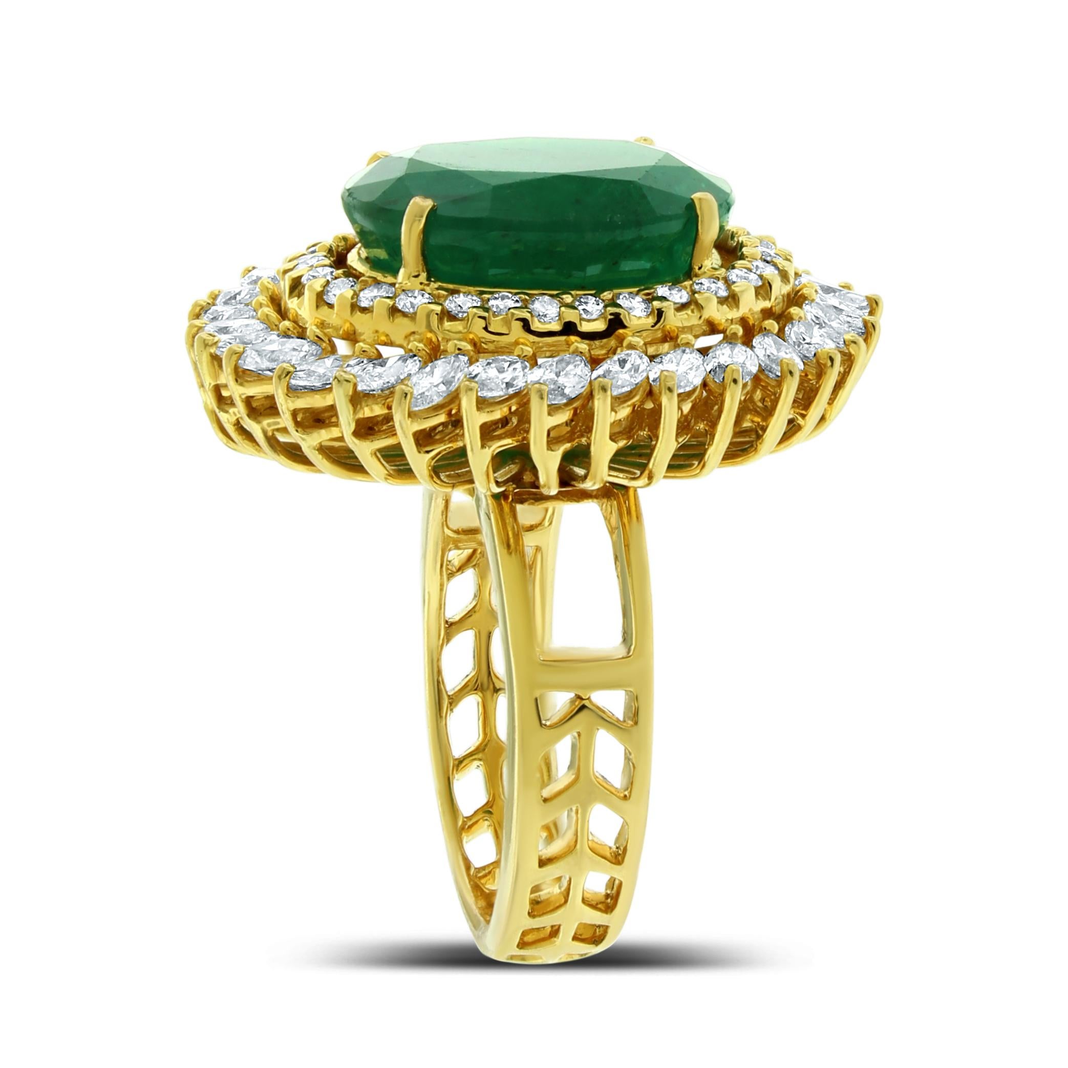 The Shanaya Ring is a statement piece showcases an oversized Emerald cradled with lustrous halos of round and marquise diamond. It is bold and impressive.

Gemstone Type: Emerald
Gemstone Shape: Oval
Gemstone Weight: 8.40 ct 
Gemstone Color: