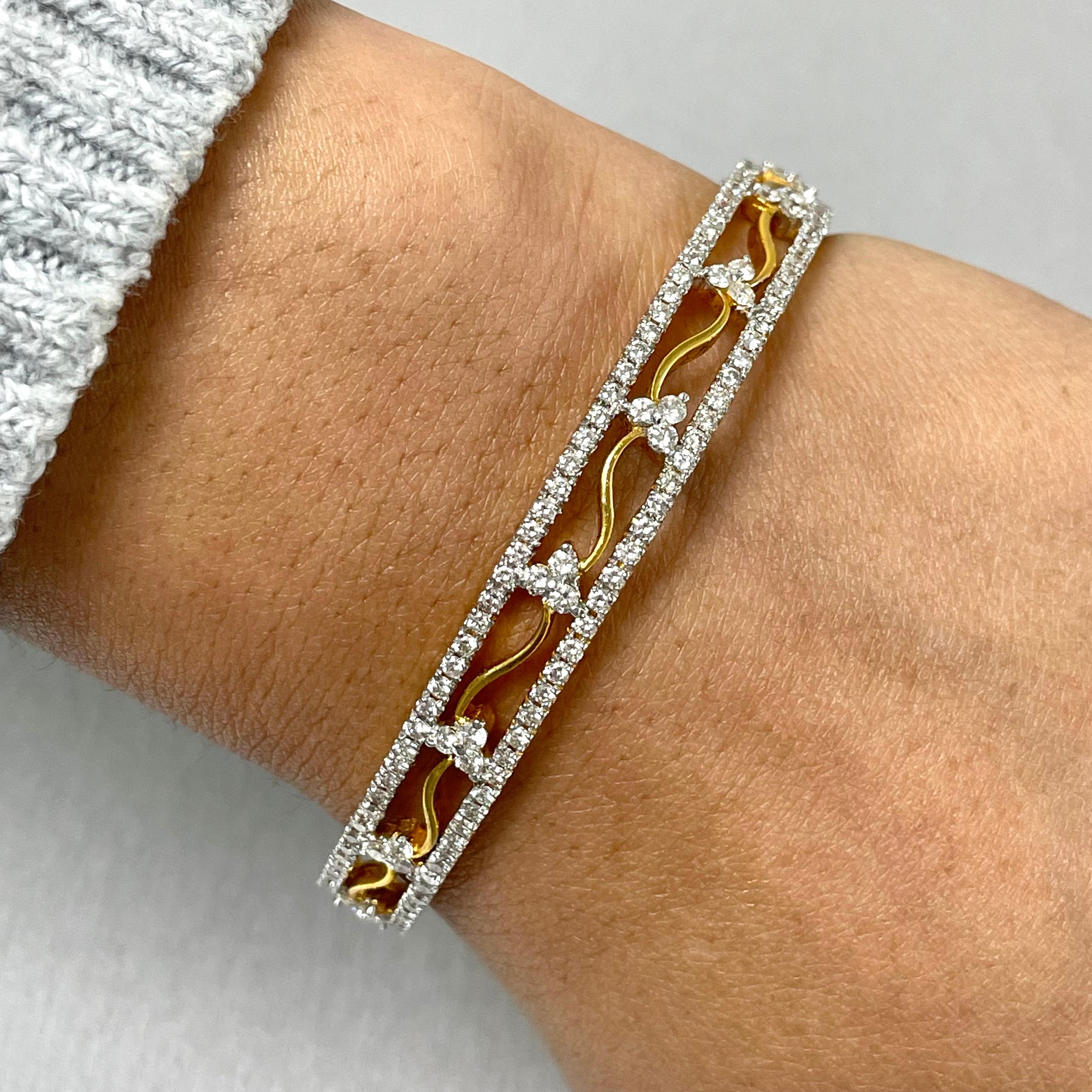 The Sheena Bangles draw on Indian heritage with their sweet flowery details and gentle curves. They are a sweet and elegant pair.

Total Diamond Weight: 10.59 ct 
No. of Diamonds: 552 
Diamond Color: G - H
Diamond Clarity: VS - SI (Very Slightly