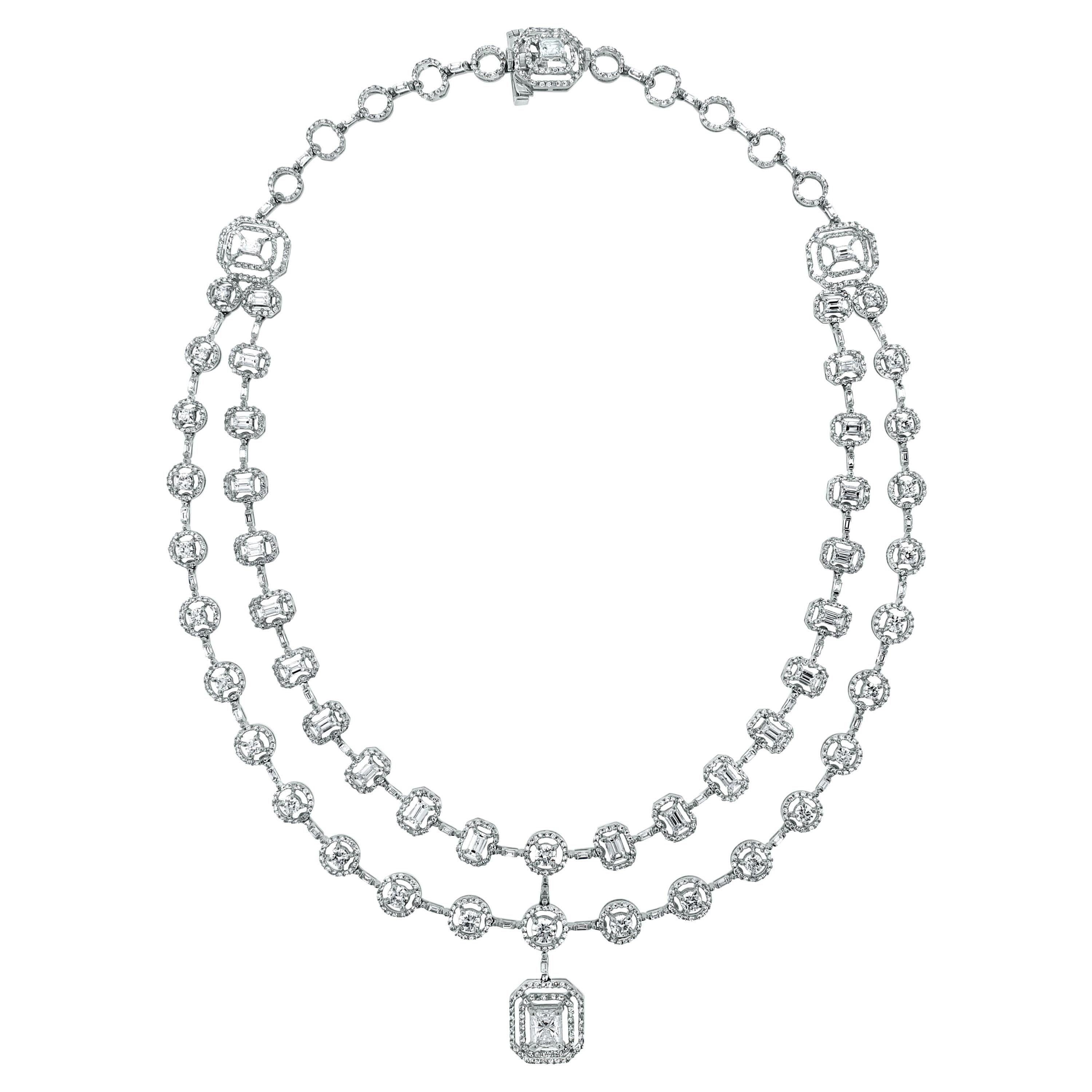 Beauvince Solitaire Diamond Halo Multi-Strand Necklace in White Gold