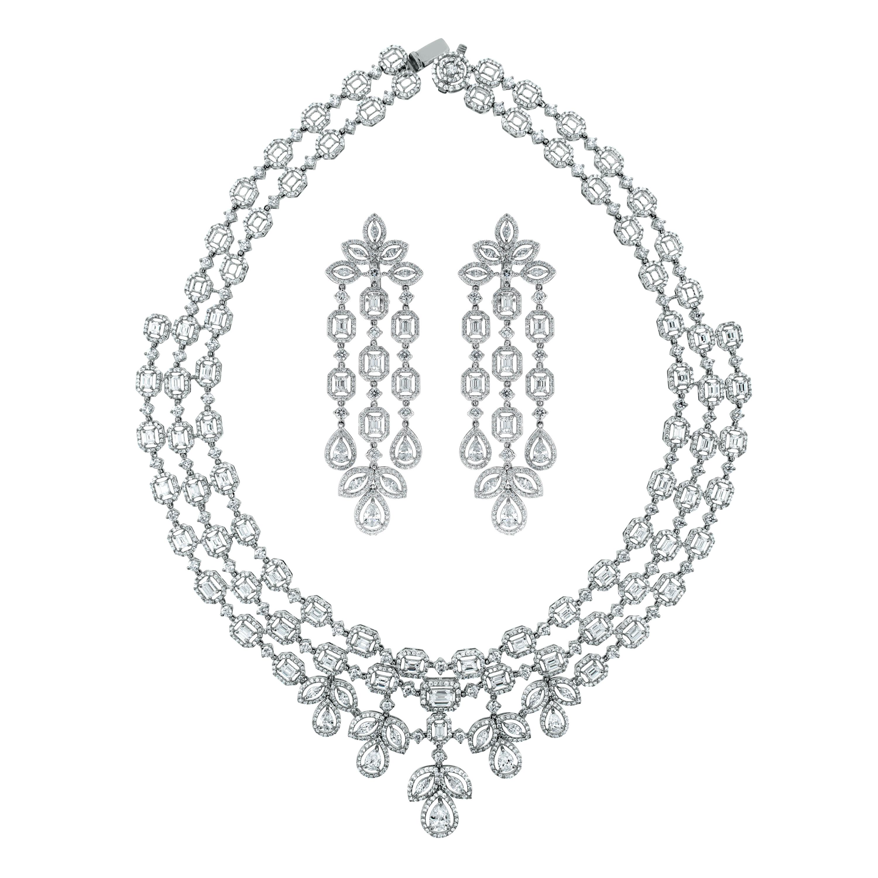 Beauvince Solitaire Diamond Halo Necklace and Earring Suite in White Gold