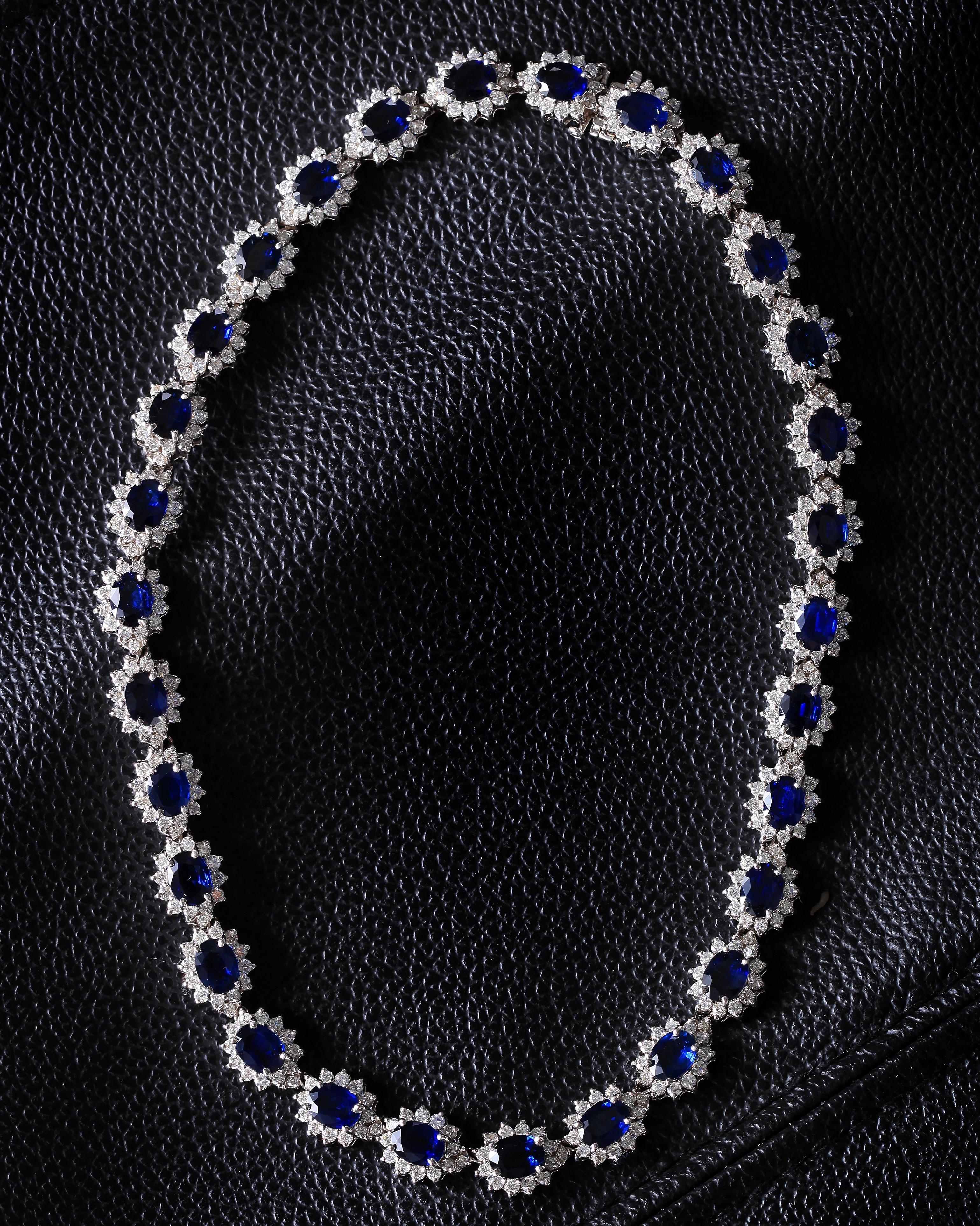 Mixed Cut Beauvince Starry Night Necklace (59.08 ct Sapphires & Diamonds) in White Gold For Sale