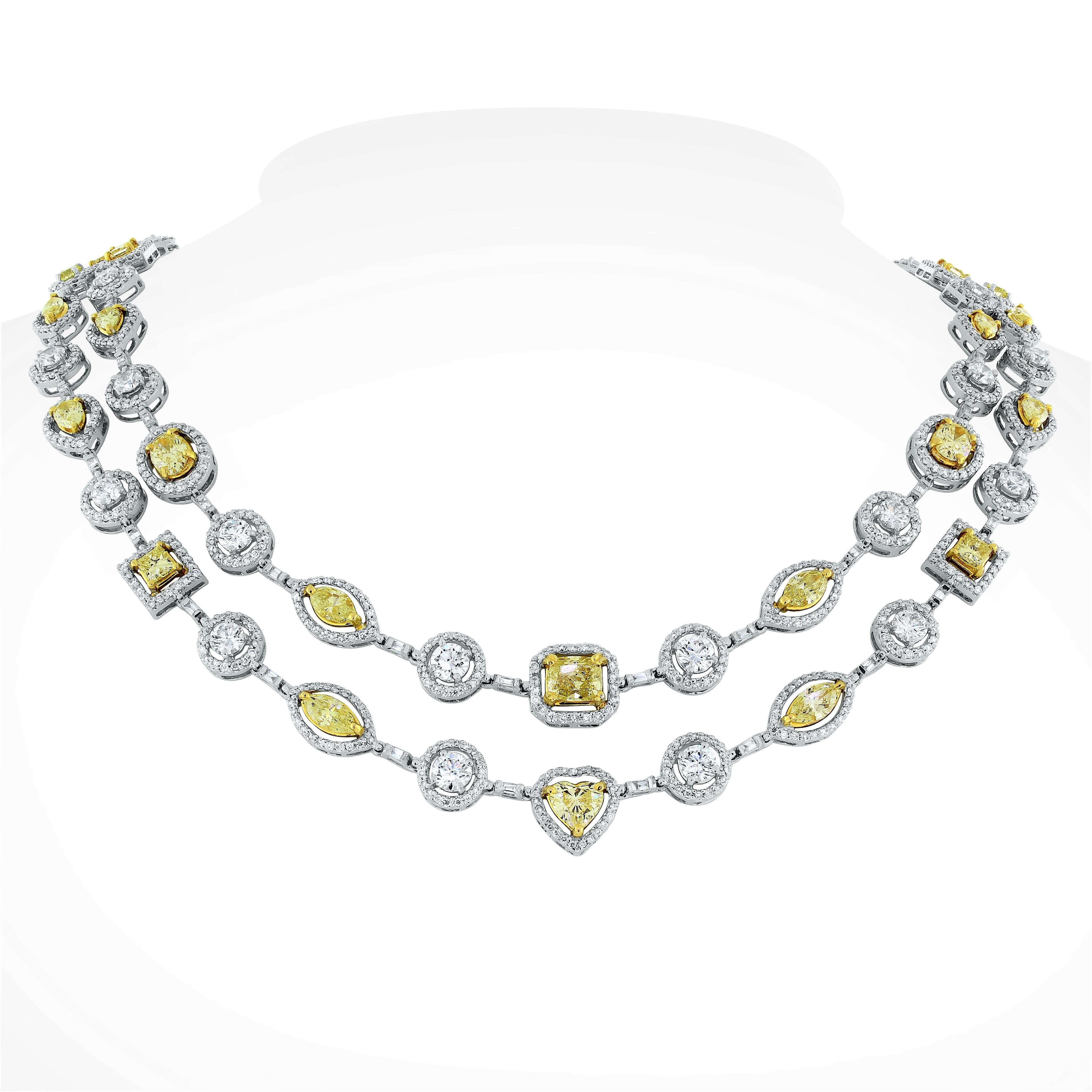 Mehrreihige Halskette von Beauvince aus Weißgold mit gelben und weißen Diamanten (Kissenschliff) im Angebot