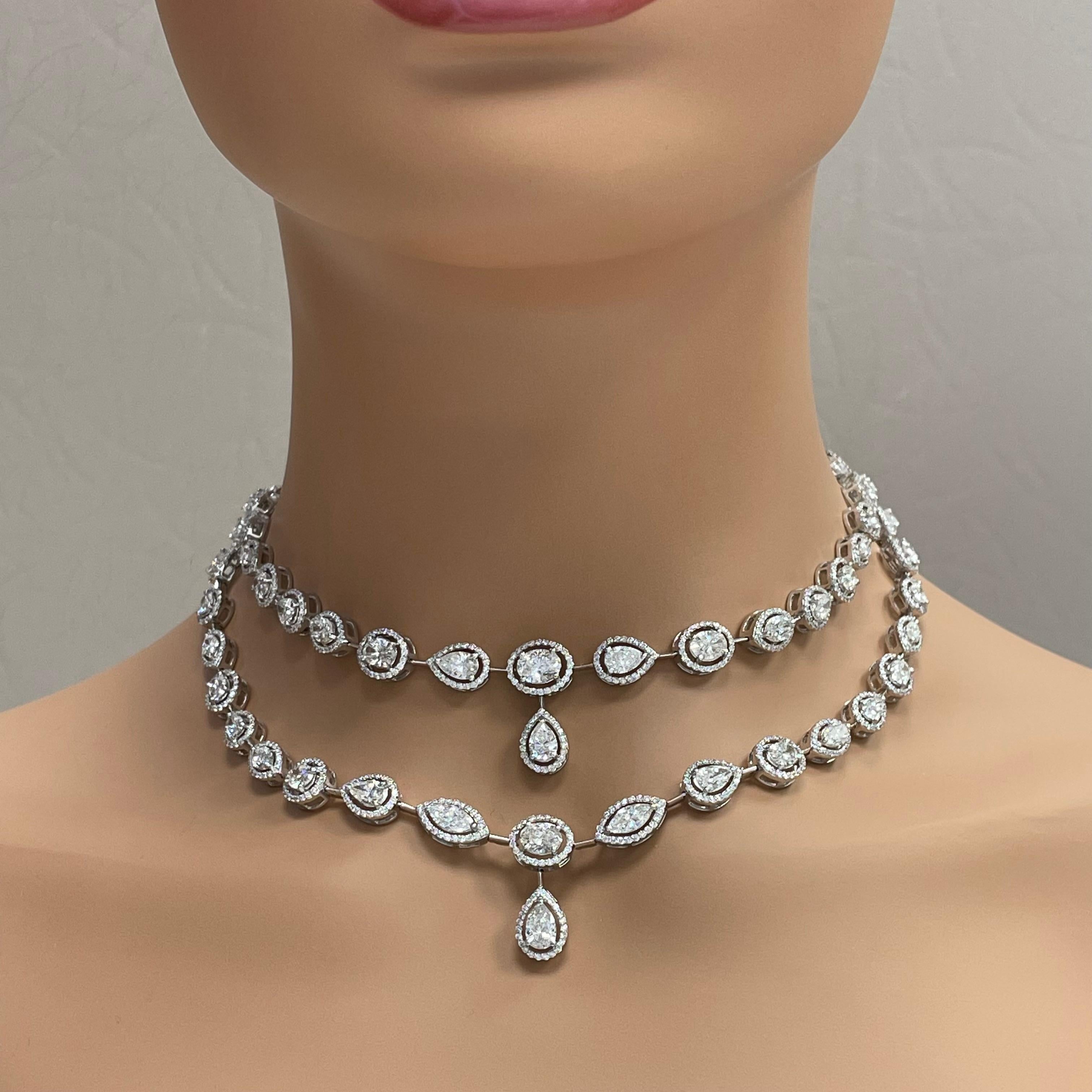 The Tara Necklace features a elegant timeless design that highlights each diamond and impresses with its simple yet stated style. 

Diamonds Shapes: Pear Shape, Oval, Marquise & Round 
Total Diamonds Weight: 24.74 ct 
Diamonds Color: F - H 
Diamonds